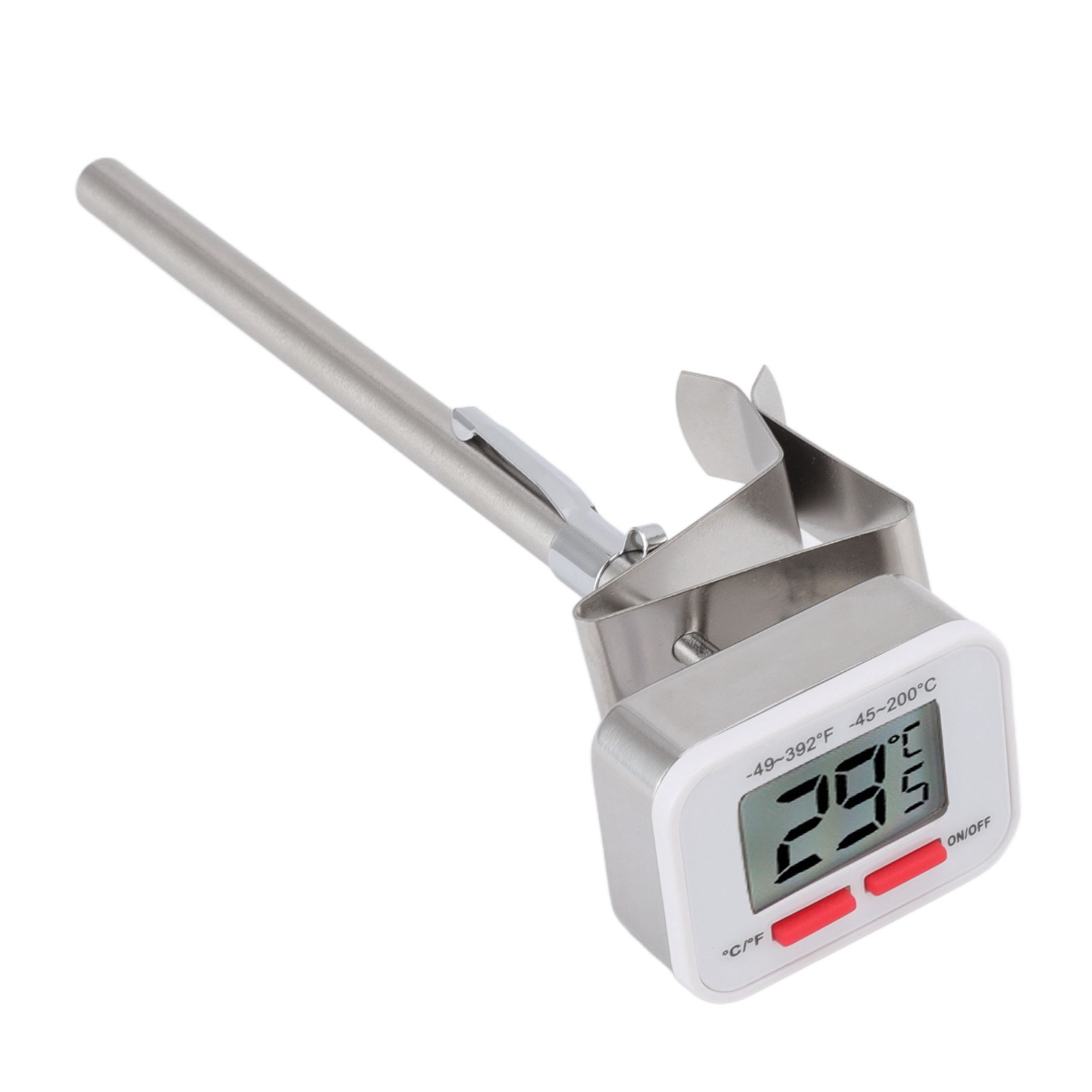 Weißes, Aufsteckbares Küchenthermometer Mit Verstellbarem Und Großem, Abnehmbarem Display Aus Edelstahl.