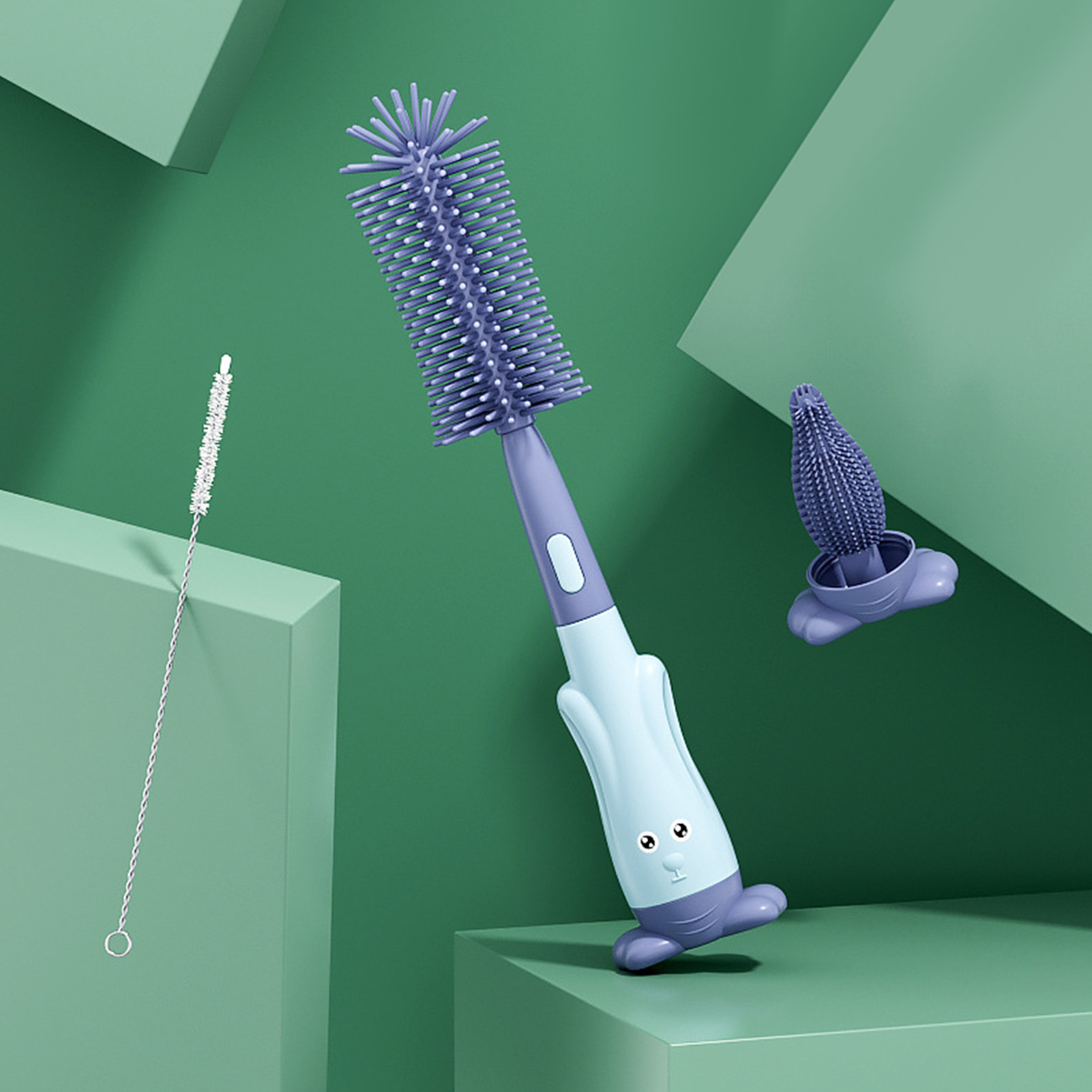Babyflaschen-reinigungsbürsten-set Mit Clip, Aus Lebensmittelechtem Silikon, Geruchlos Und Umweltfreundlich (blau).