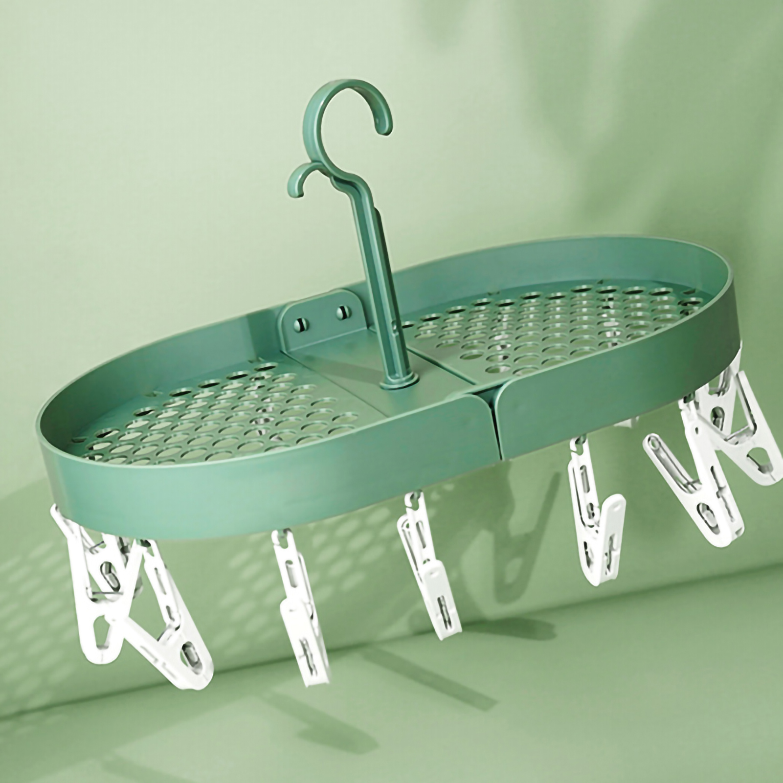 360° Drehbarer Geschirrständer Mit Kleinen Haken Und Klappclip, Dunkelgrün, Ideal Für Zuhause Oder Studentenwohnheime.