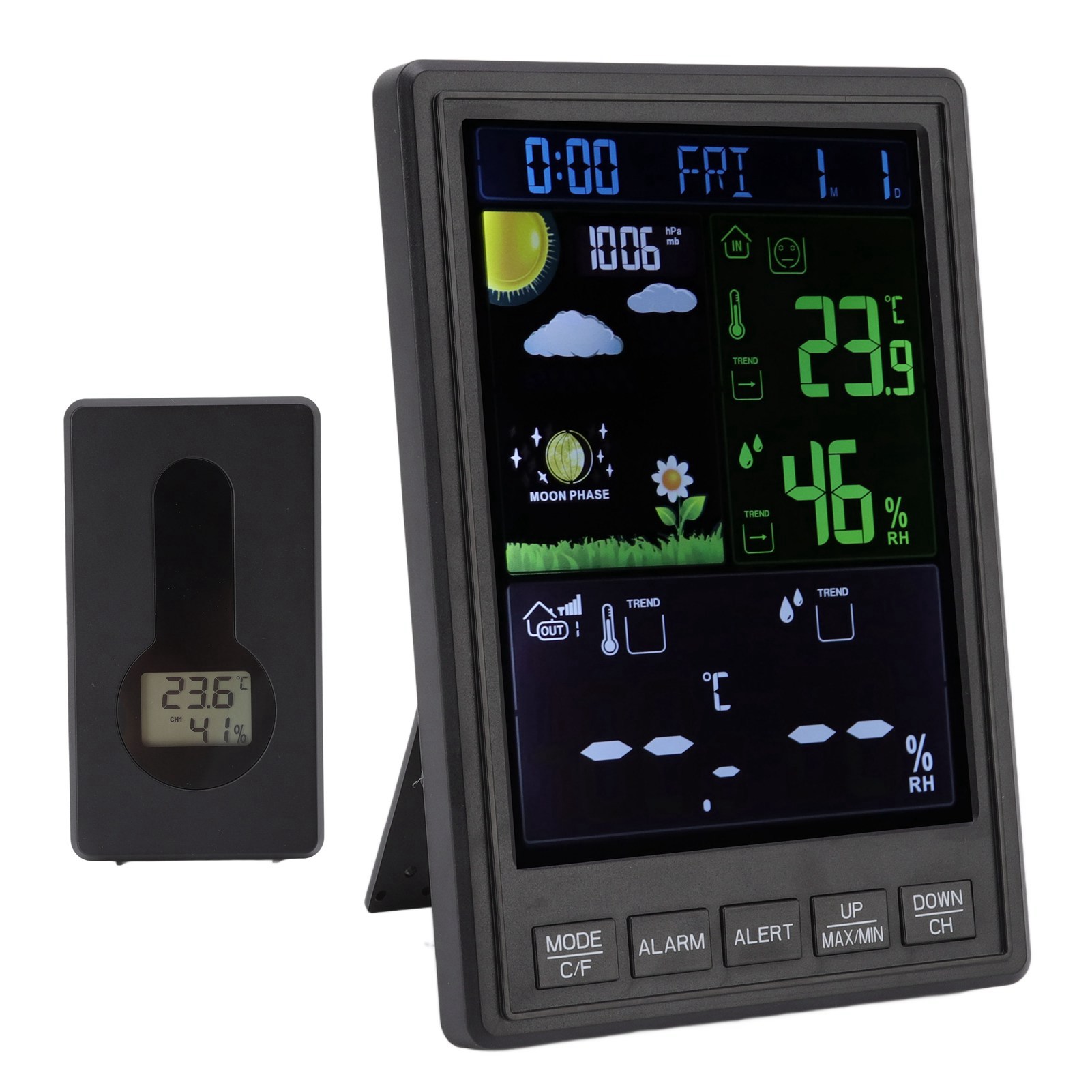 Kabellose Wetterstation Für Drinnen Und Draußen, Schwarzes Farbdisplay, 3 Kanäle, Einstellbare, Hintergrundbeleuchtete Uhr Und Thermometer Für Zuhause