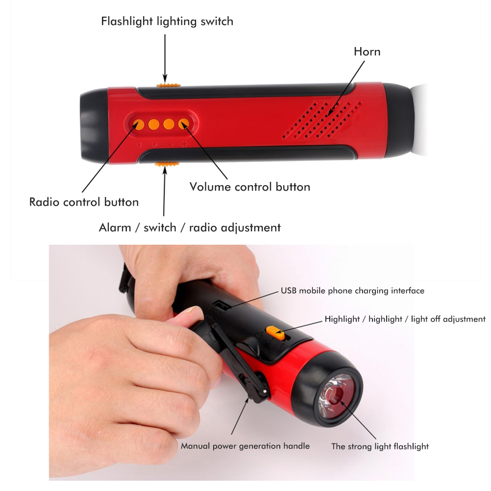 Tragbare Kurbeltaschenlampe Mit Alarmfunktion, Fm-radio Und 1800-mah-led-generator Für Zuhause, Outdoor-aktivitäten, Camping Und Wandern