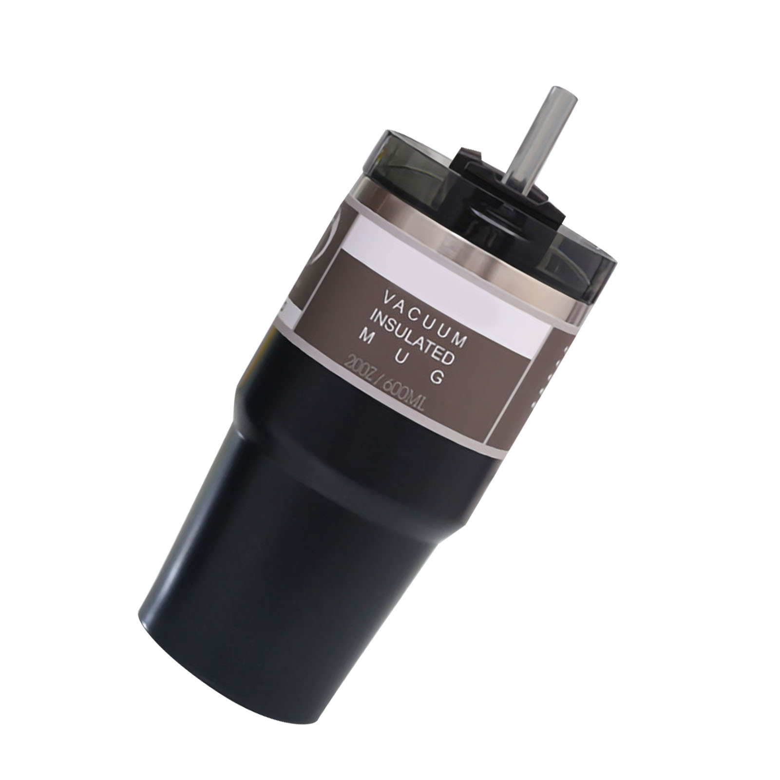 Isolierter Autobecher Mit Deckel Und Strohhalm, Aus Schwarzem Edelstahl, 600 Ml, Ideal Für Zuhause Und Unterwegs.