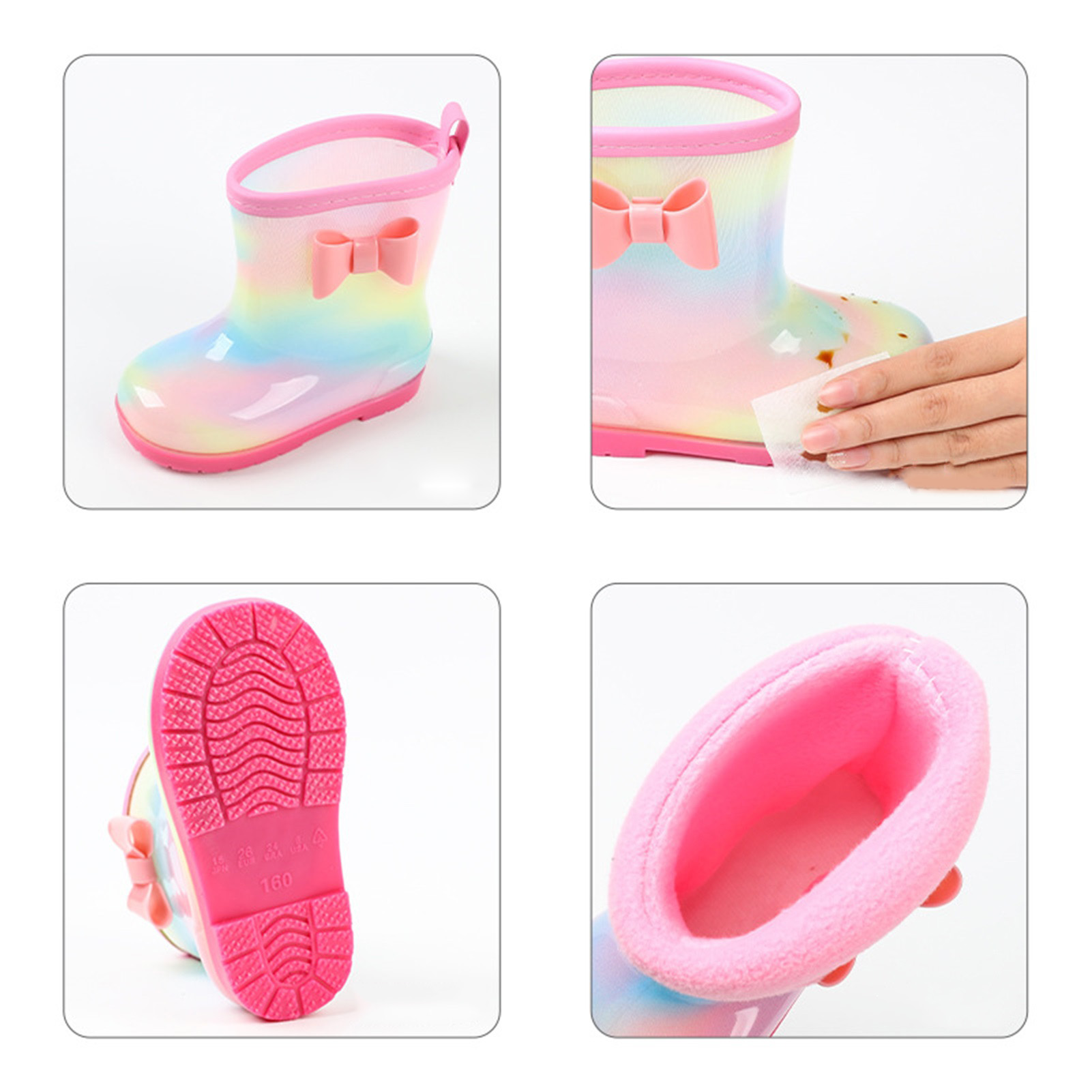1 Paar Kinder-regenstiefel, Für Alle Jahreszeiten, Universell, Mit Regenbogenschleife, Rutschfest, Wasserdicht Und Atmungsaktiv, Rosa, 150 Mm (innenlänge 145 Mm)