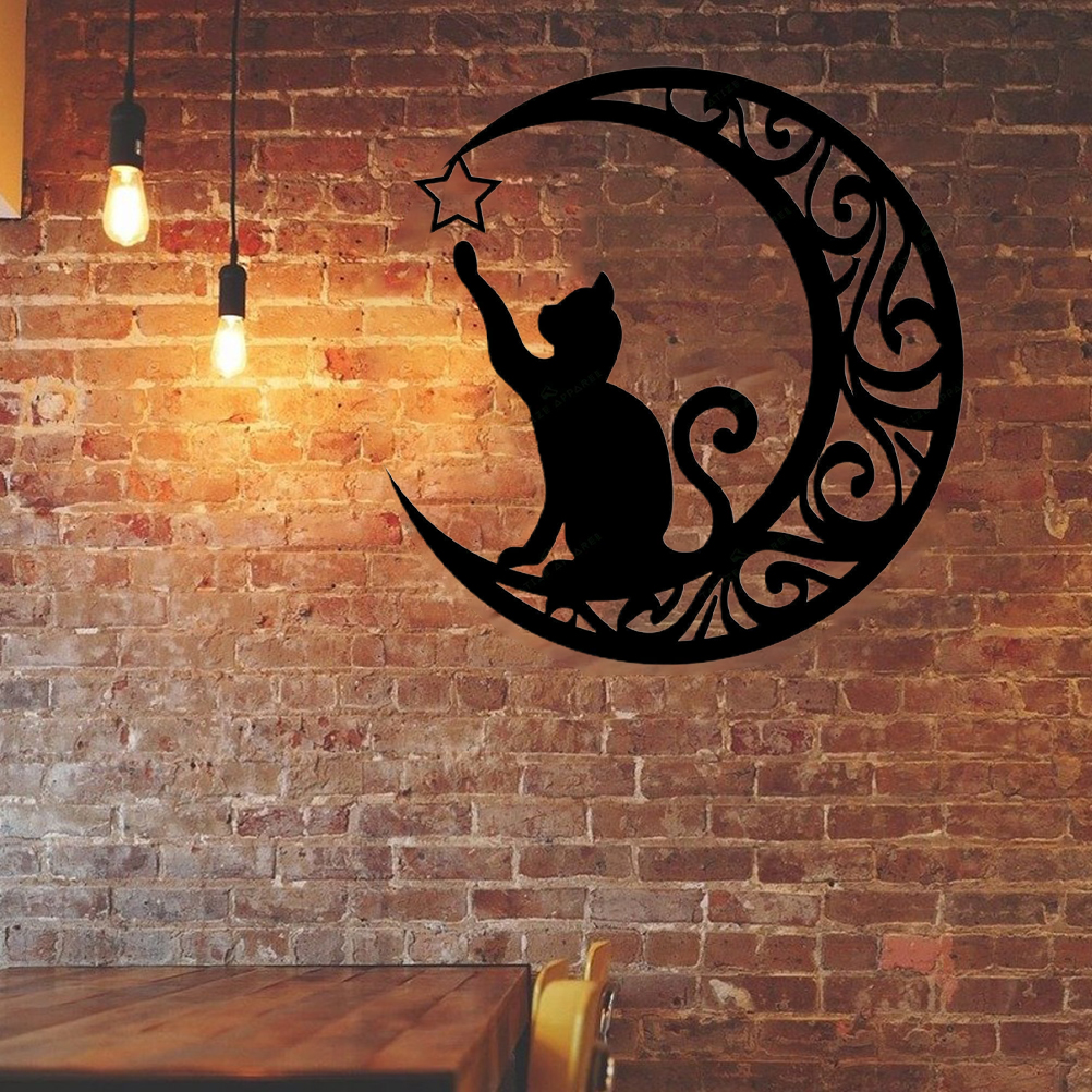 Niedliche Schwarze Katzen Mond Metallschild Kunst Wandbehang Anhänger Dekorationen Für Fenster Türen Kaminsimse
