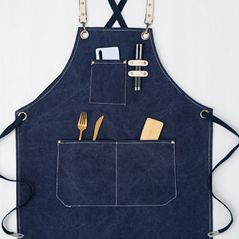 Schürze Mit Taschen Und Abnehmbaren Trägern, Aus Wasserdichtem Baumwoll-canvas, Bequem, Marineblau, Ideal Für Die Gastronomie.
