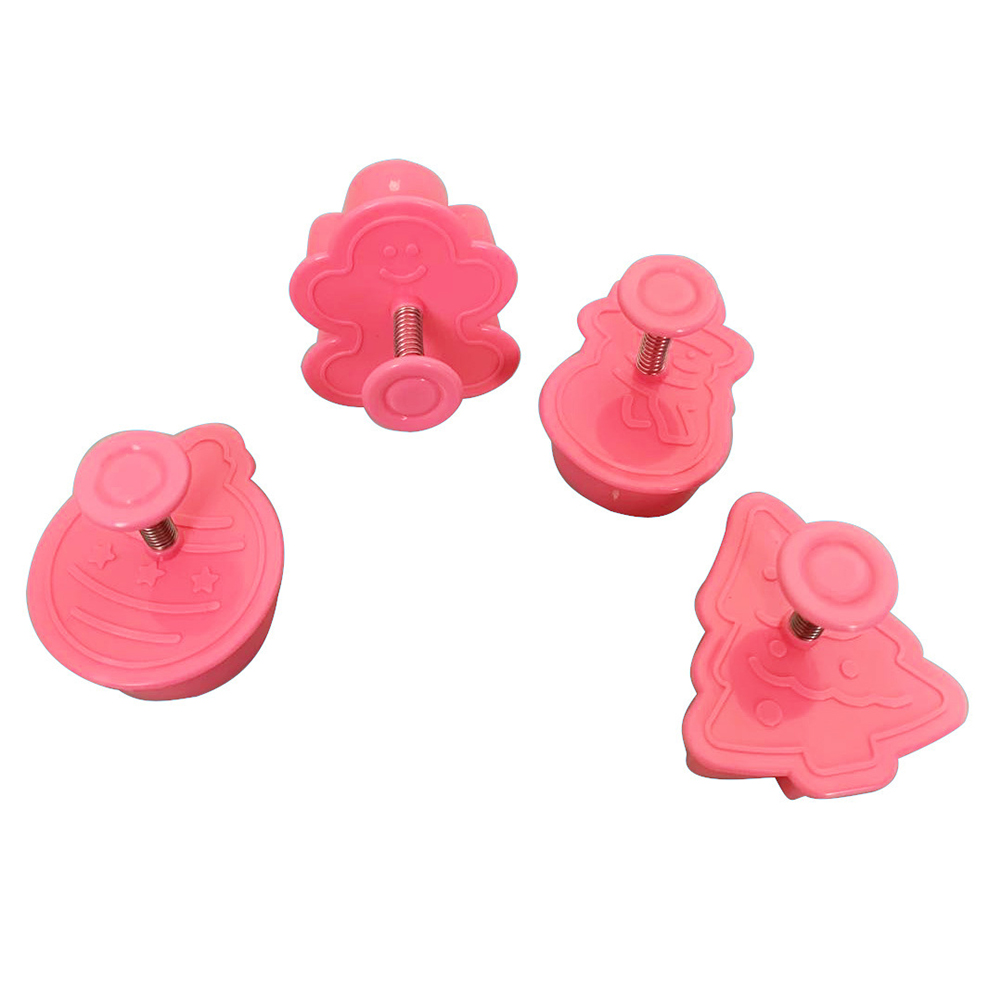 Set Mit 4 Weihnachtsplätzchenausstechern: Weihnachtsbaum, Schneemann, Lebkuchen, Ausstecher Mit Federmechanismus Und Griff.