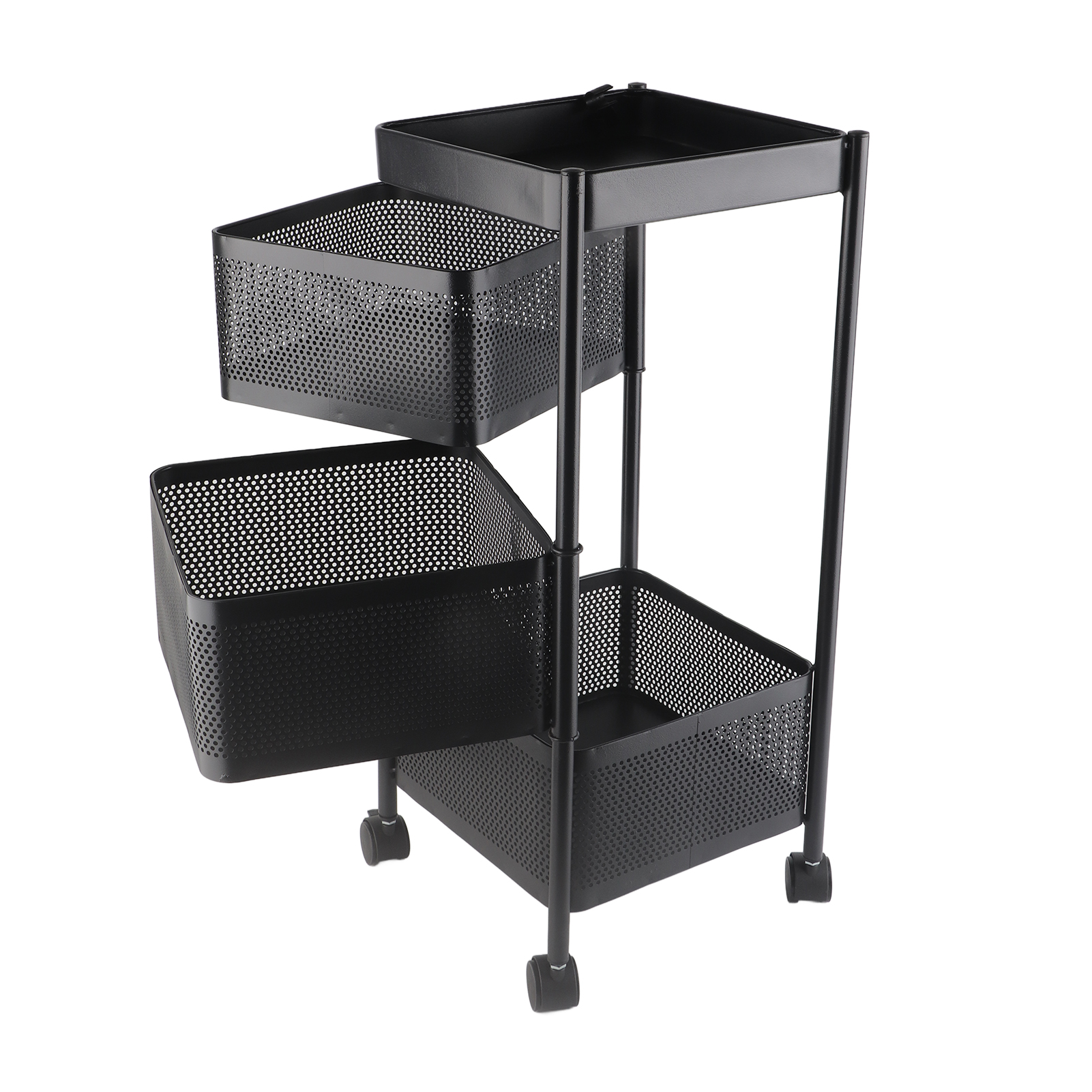 Drehbarer Küchenkorb Mit Rollen, Stabiler Metallkorb Für Obst Und Gemüse, Quadratisch, Schwarz, 3-lagig