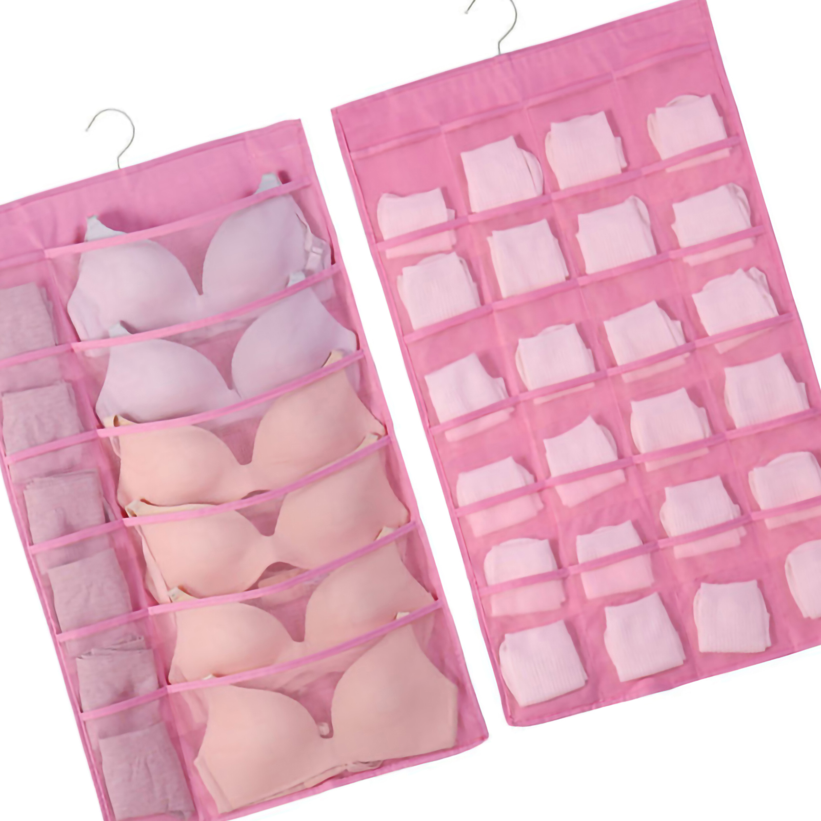 Großer, Doppelseitiger Hänge-bh-organizer Aus Atmungsaktivem Oxford-gewebe, Rosa, 12 Cm Vorne, 24 Cm Hinten