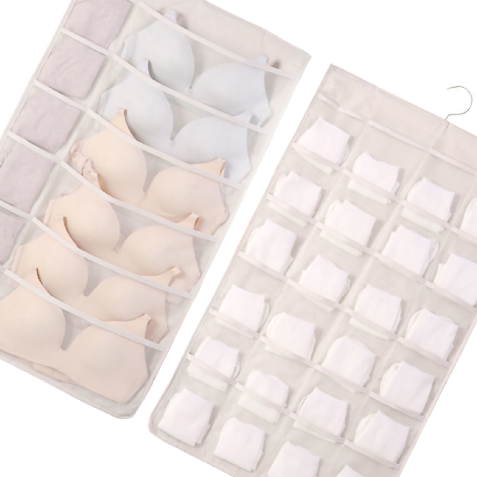 Großer Hänge-bh-organizer Aus Atmungsaktivem, Doppelseitigem Oxford-gewebe, Beige, 12 Cm Vorne, 24 Cm Hinten
