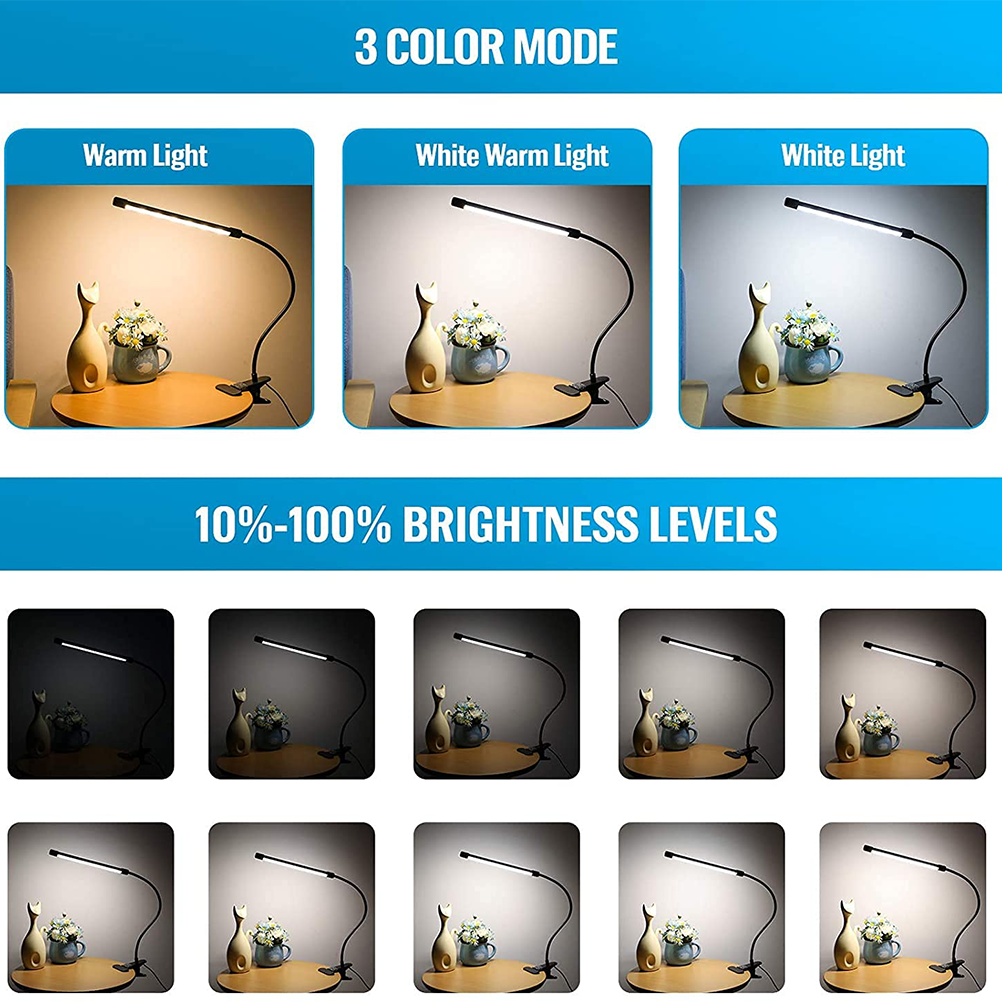 Tischleuchte Mit Klemme, Usb-anschluss, Led-tischleuchte, 360° Flexibler Schwanenhals, 3 Farbmodi, 10 Helligkeitsstufen, Ideal Für Büro, Arbeitszimmer Oder Schlafzimmer.