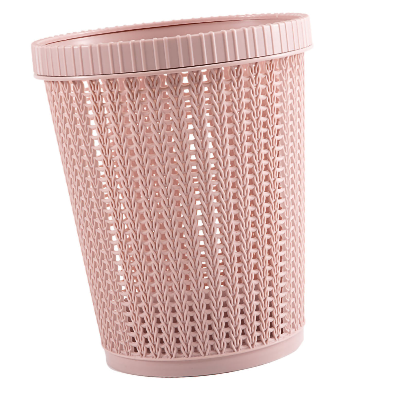 Runder, Aus Kunststoff Gefertigter Mülleimer In Rattanoptik Mit Schiebedeckel, Ohne Deckel, Rosa, Größe S