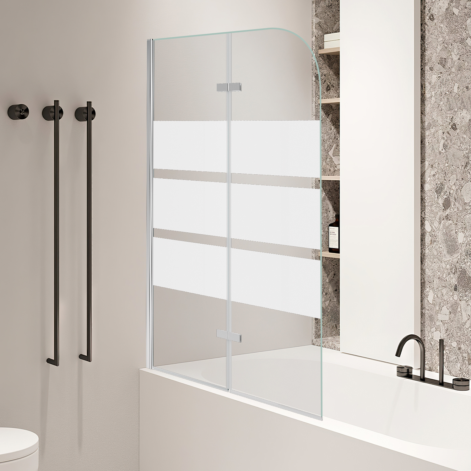 Jiubiaz Duschwand Für Badewanne 100x140cm, 2-teilig Faltbare Glas Duschwand, 6mm Egs Sicherheitsstreifen Badewanne Bildschirm, Duschkabine Zubehör, Weißer Streifen