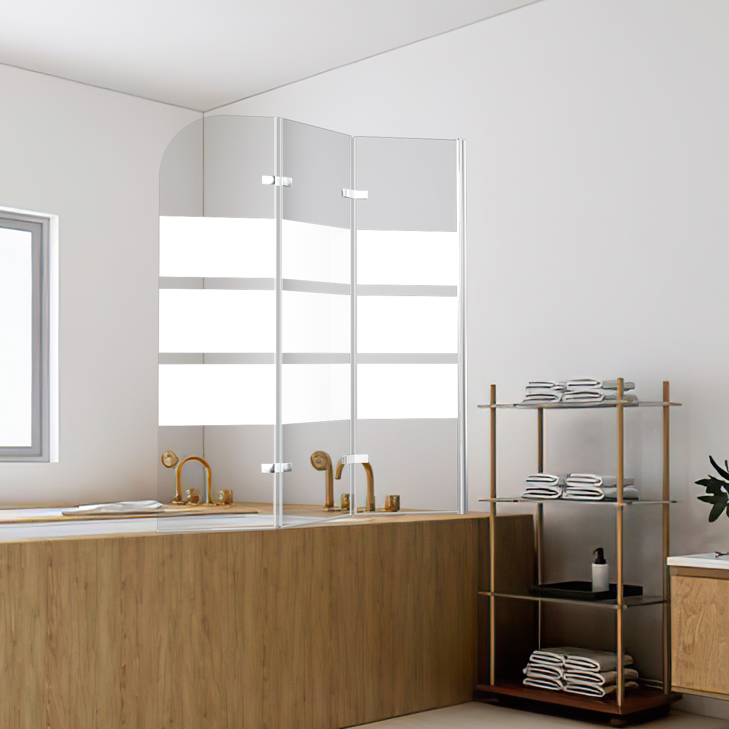 Jiubiaz Duschwand Für Badewanne 120x140cm, 3-teilig Faltbare Glas Duschwand, 6mm Egs Sicherheitsstreifen Badewanne Bildschirm, Duschkabine Zubehör, Weißer Streifen