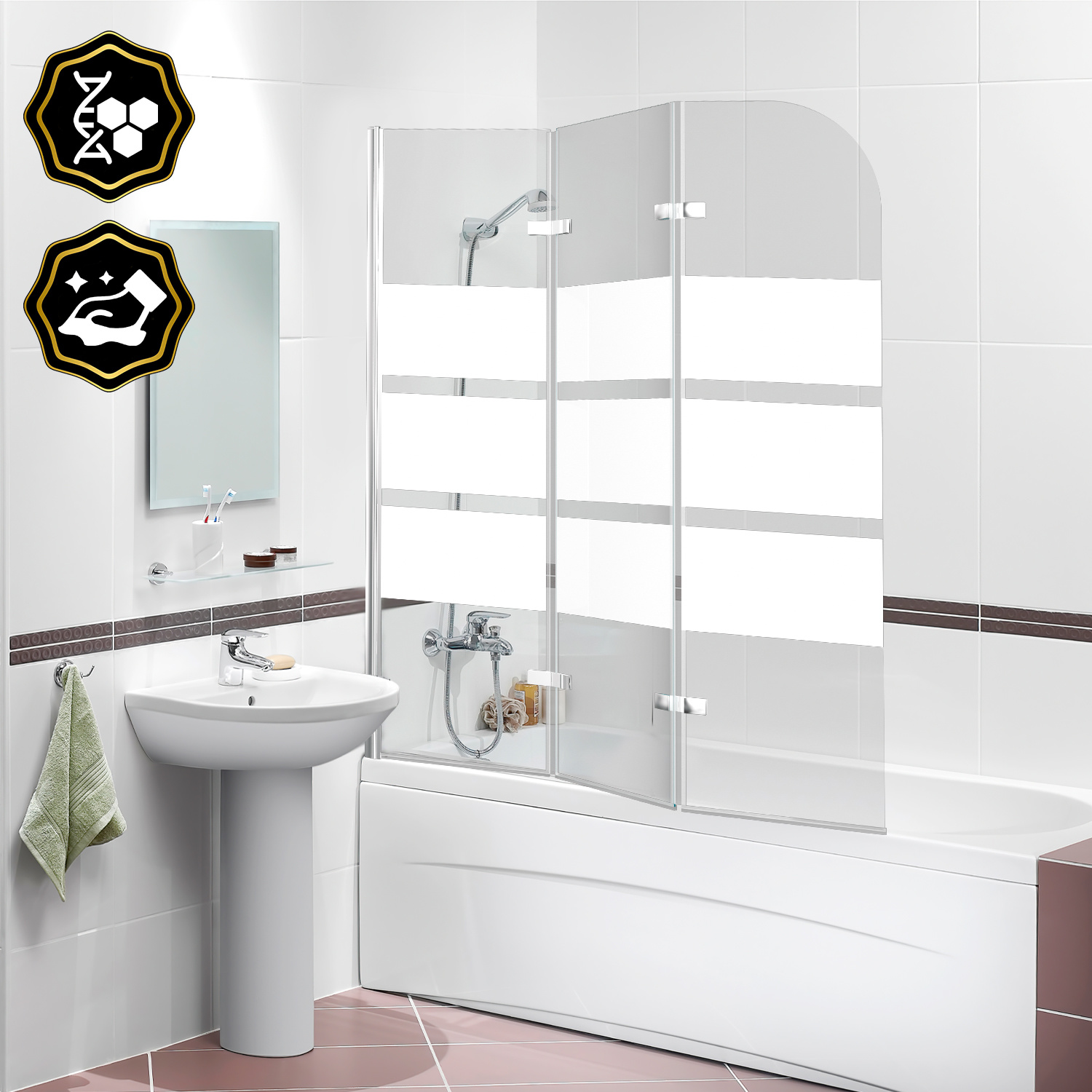 Jiubiaz Duschwand Badewanne 120 X 140 Cm, 3-teilig Faltbare Badewannenfaltwand, Badewannenaufsatz Aus 6 Mm Esg Sicherheitsglas, 180° Schwenkbar, Weiße Streifen