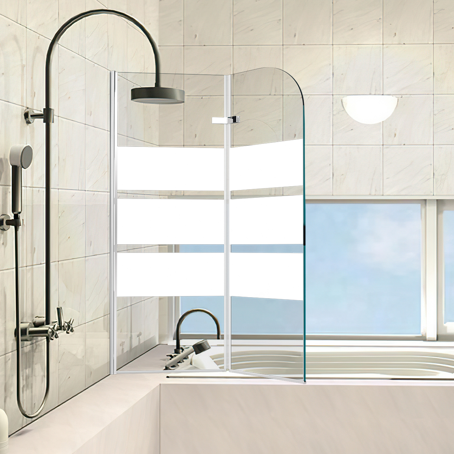 Jiubiaz Duschabtrennung 100x140cm, Badewannenfaltwand, Badewannenaufsatz Mit Weiße Streifen, Duschwand Aus 6mm Nano Easy Clean Glas