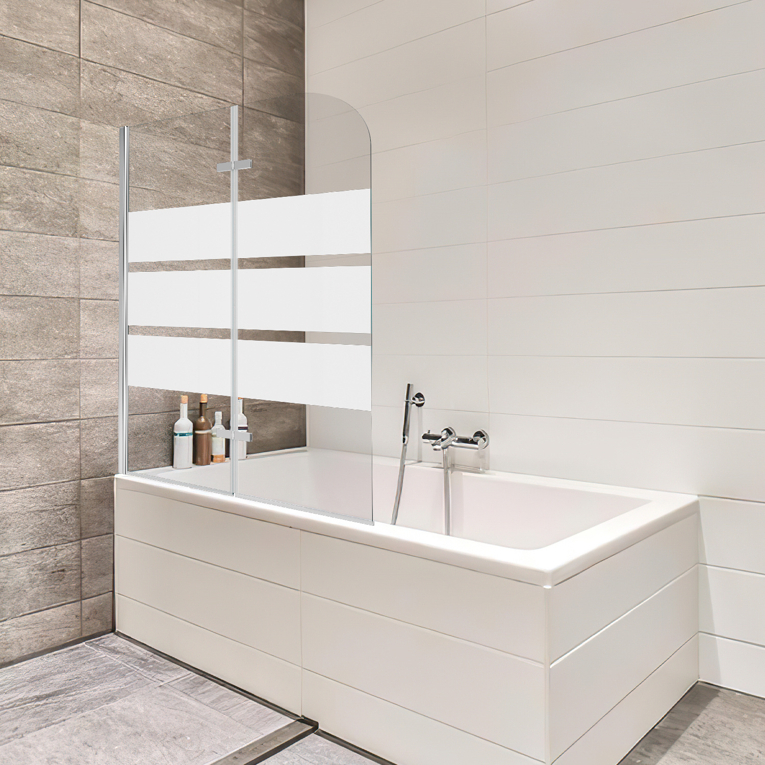 Jiubiaz Duschabtrennung 120x140cm, Badewannenfaltwand, Badewannenaufsatz Mit Weiße Streifen, Duschwand Aus 6mm Nano Easy Clean Glas