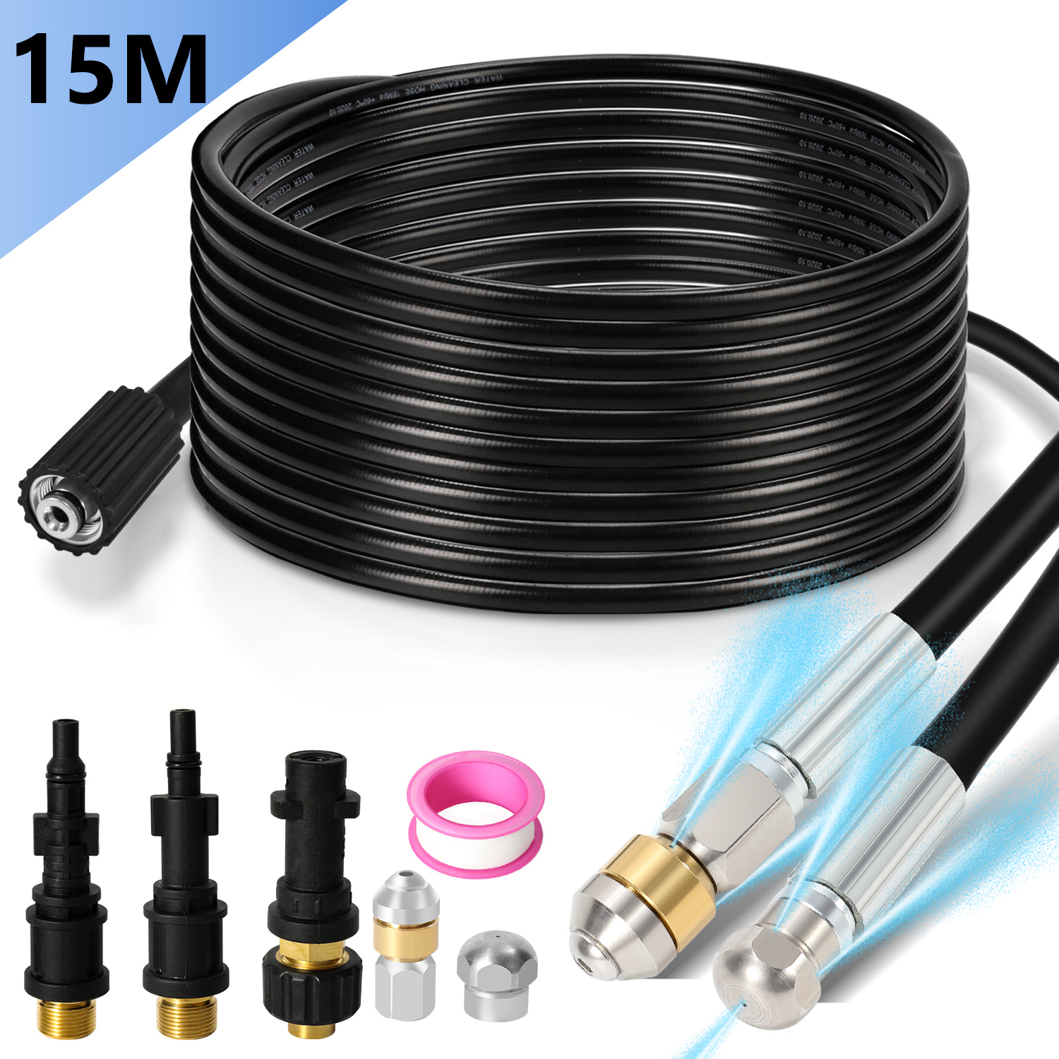 Jiubiaz Rohrreinigungsschlauch Set Abflussreiniger 15 M 160 Bar, Hochdruckreiniger Zubehör Mit 2 Düsen & 2 Adaptern, Rotierende Düse, Für Abflussrohre