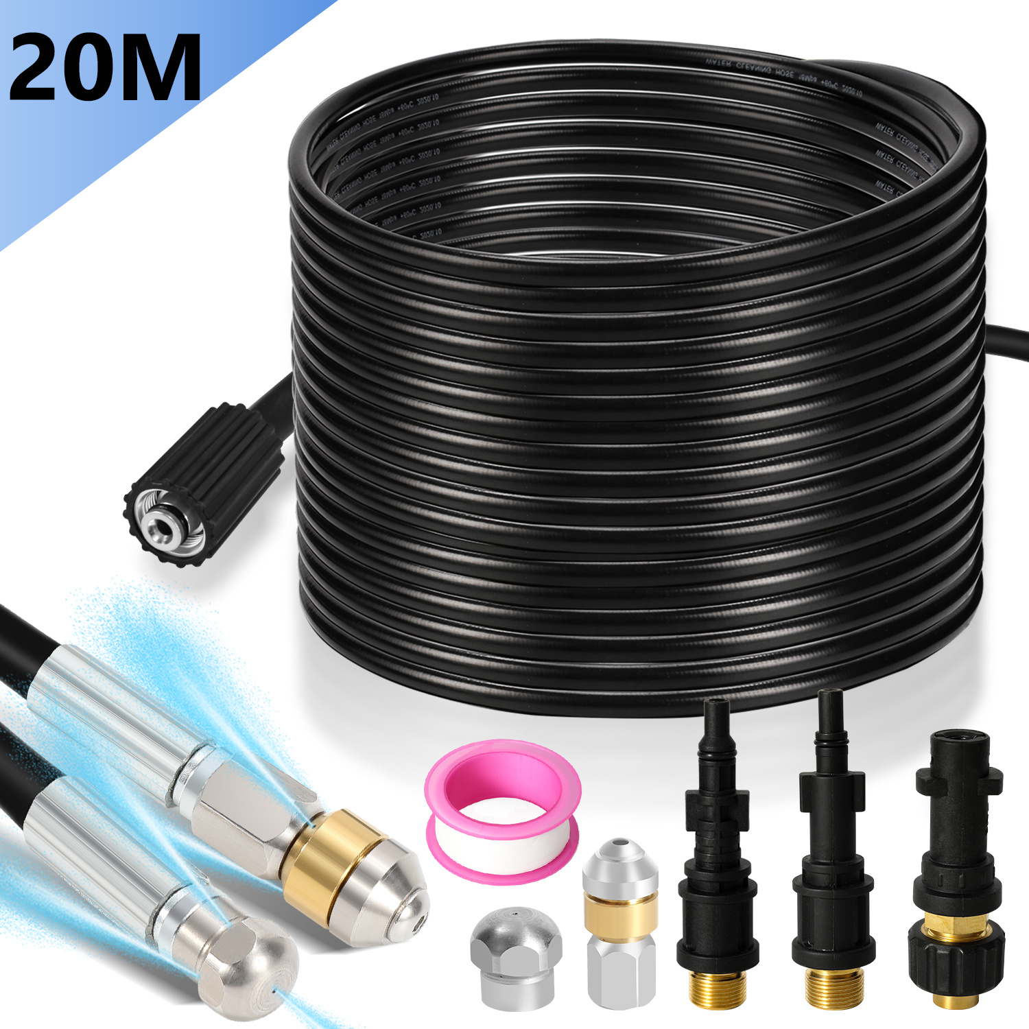 Jiubiaz Rohrreinigungsschlauch Set Abflussreiniger 20 M 160 Bar, Hochdruckreiniger Zubehör Mit 2 Düsen & 2 Adaptern, Rotierende Düse, Für Abflussrohre