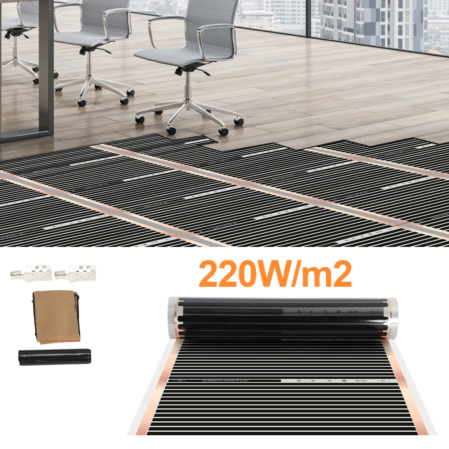 Jiubiaz Heizfolie 1 Stück,220 W/m²,für 1 M²,elektrische Fußbodenheizung,2 X 0,5 M,0,338 Mm,schwarz,mit Anschlusszubehör