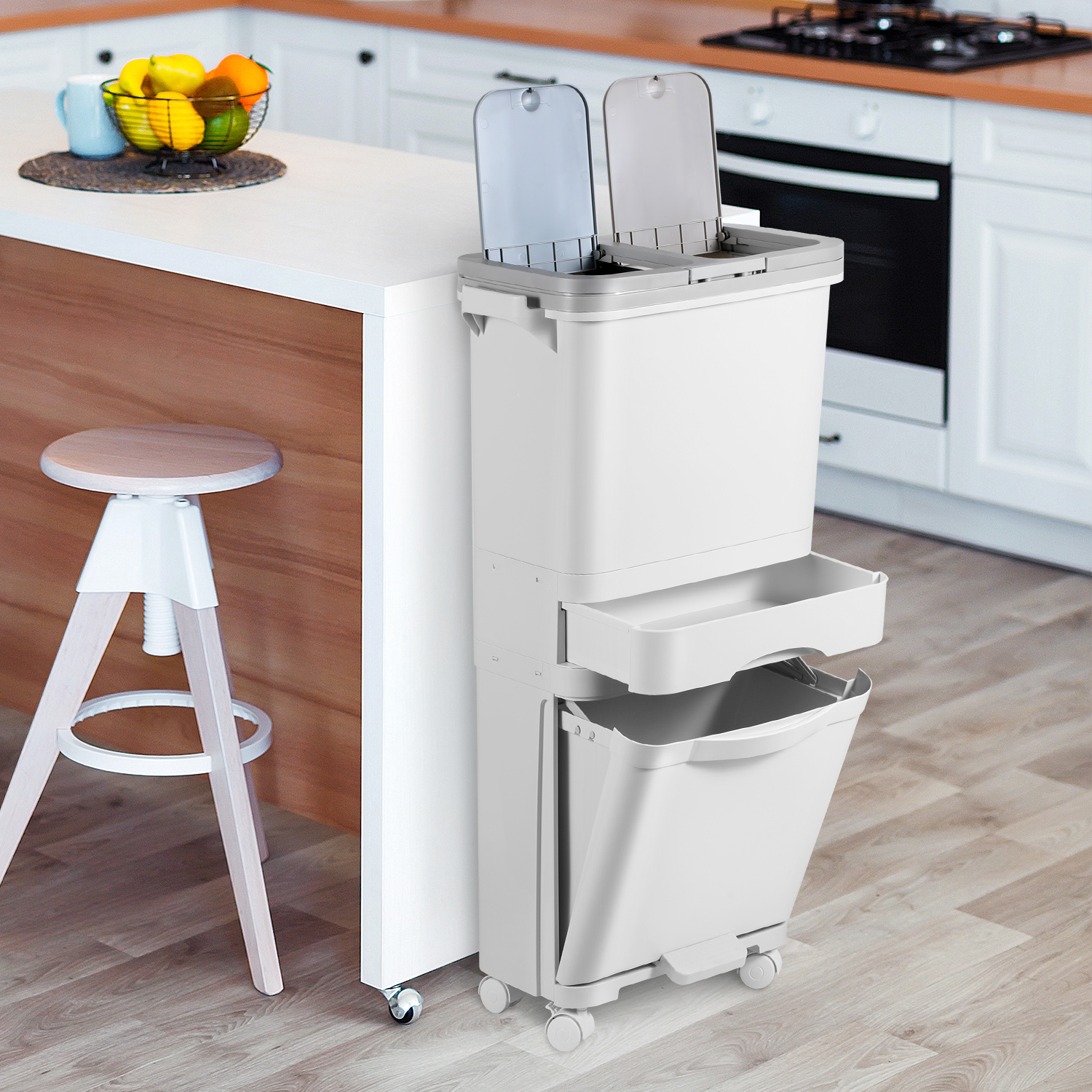 Jiubiaz Platzsparendes Mülltrennsystem 42 L, Vertikaler Küchenabfalleimer Mit 3 Fächern, Drucköffnung, Pedal, Aufbewahrungsfach Und Mobilen Rollen, Weiß
