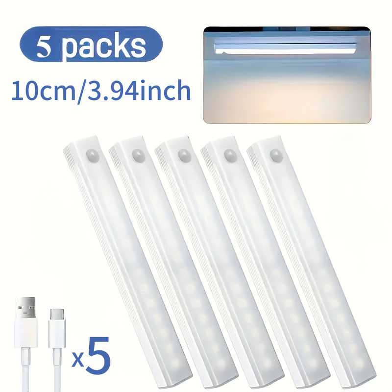 Lot De 5 Bandes Led À Détecteur De Mouvement Rechargeables Par Usb, Magnétiques, Double Température De Couleur Accessoires Informatiques Haut De Gamme 10 Cm / 3,94 Po