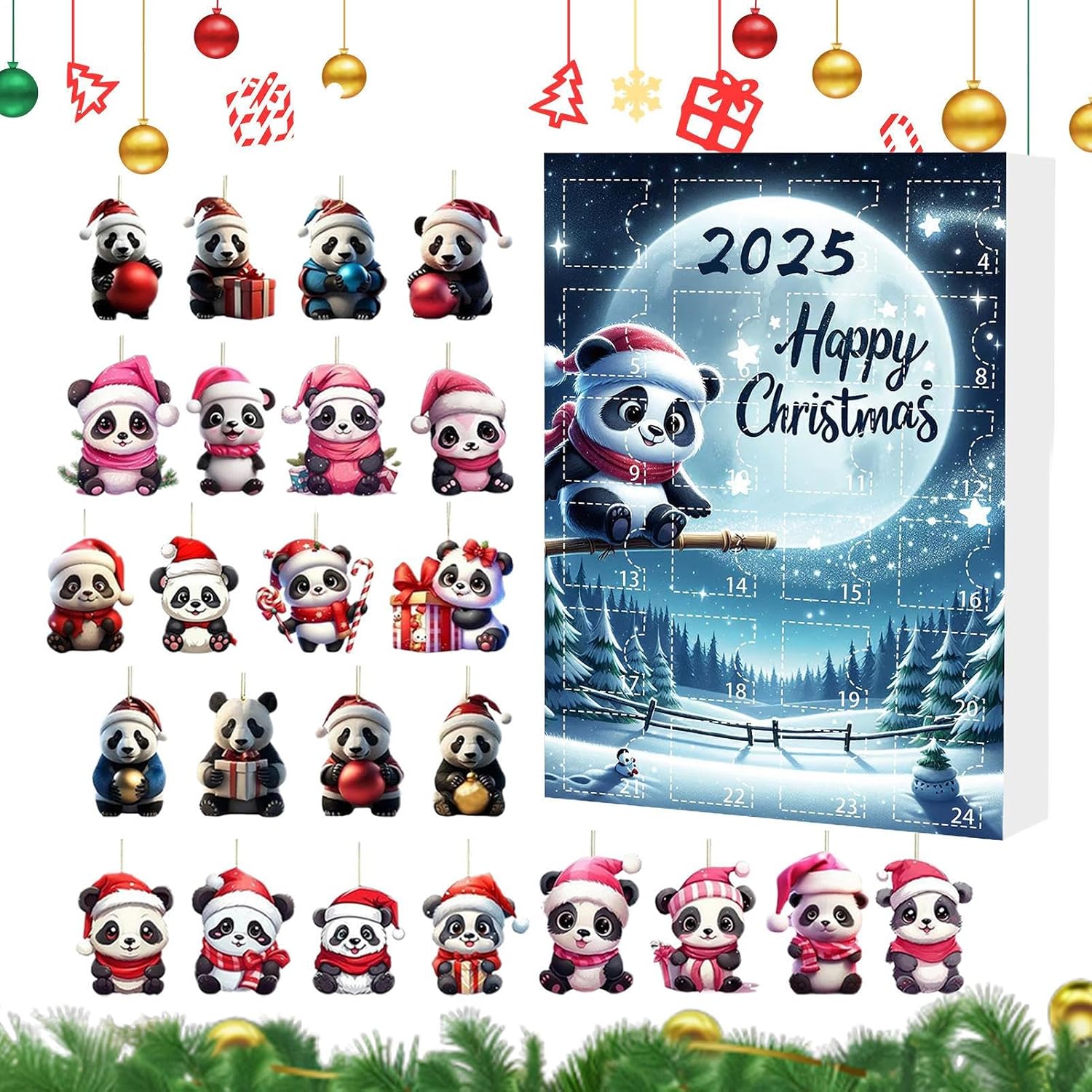 Adventskalender Mit Weihnachtsschmuck, 2d-panda-figur Aus Acryl 24-tägiger Adventskalender 2025 Für Auto, Weihnachtsbaum, Fenster, Wand, Tür, Winterparty