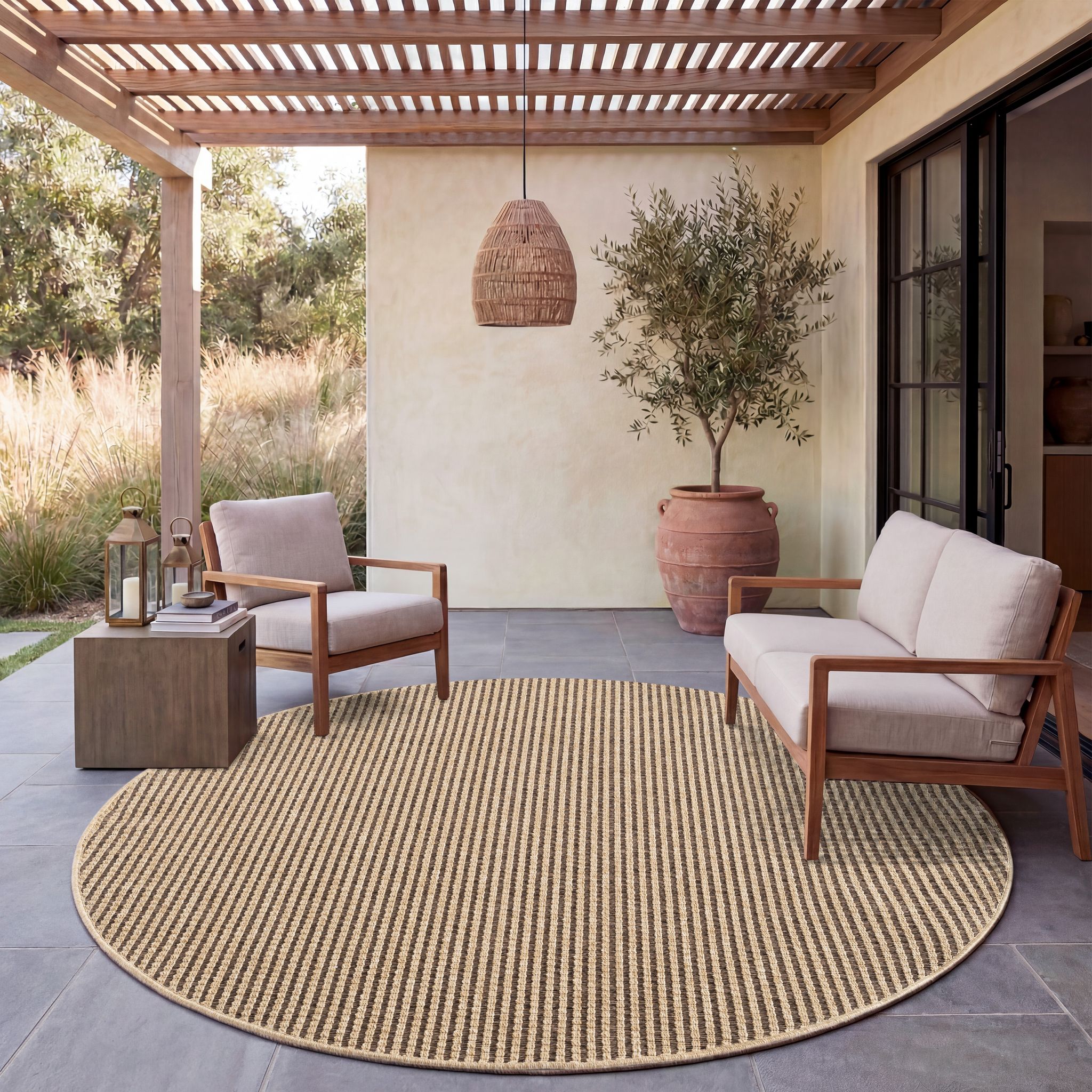 Paco Home Outdoor Teppich Wetterfest Balkon Wohnzimmer Boho Einfarbiges Muster Sisal Optik Braun Beige 160 Cm Rund