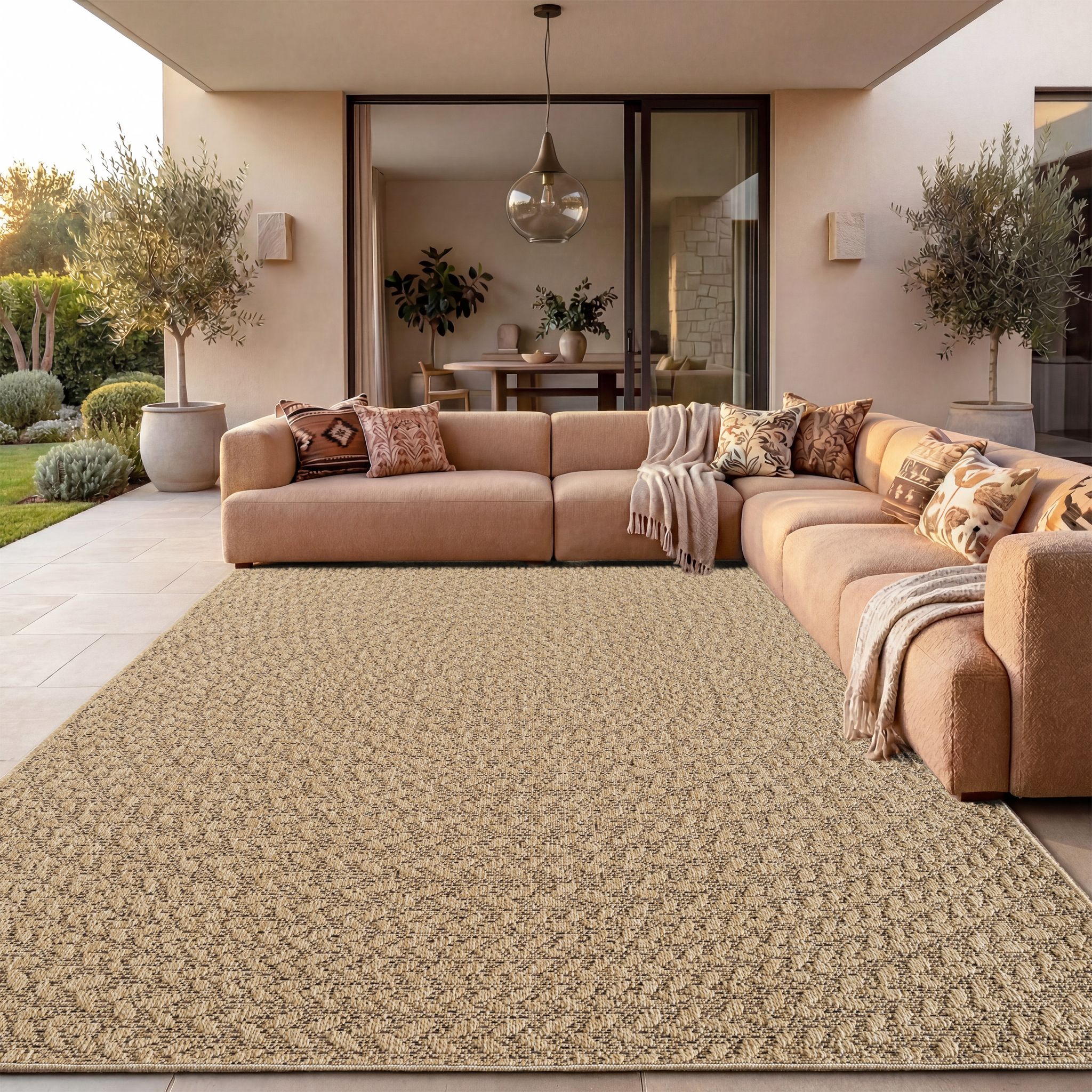 Paco Home Outdoor Teppich Wetterfest Balkon Wohnzimmer Boho Geometrisch Sisal Einfarbig Beige 80x150 Cm