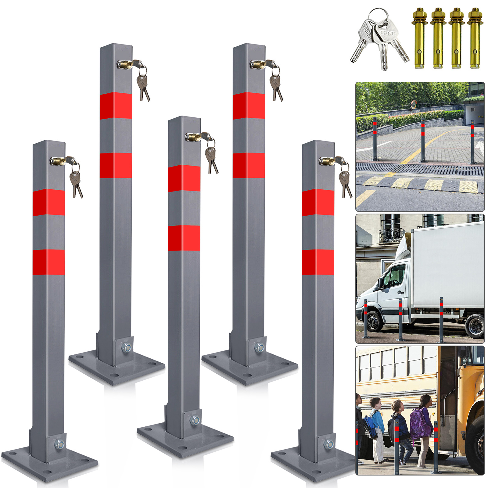 Randaco Sperrpfosten Abschließbar 67 Cm, Parkplatzpfosten Metall Mit Roter Reflexfolie 5 Stück