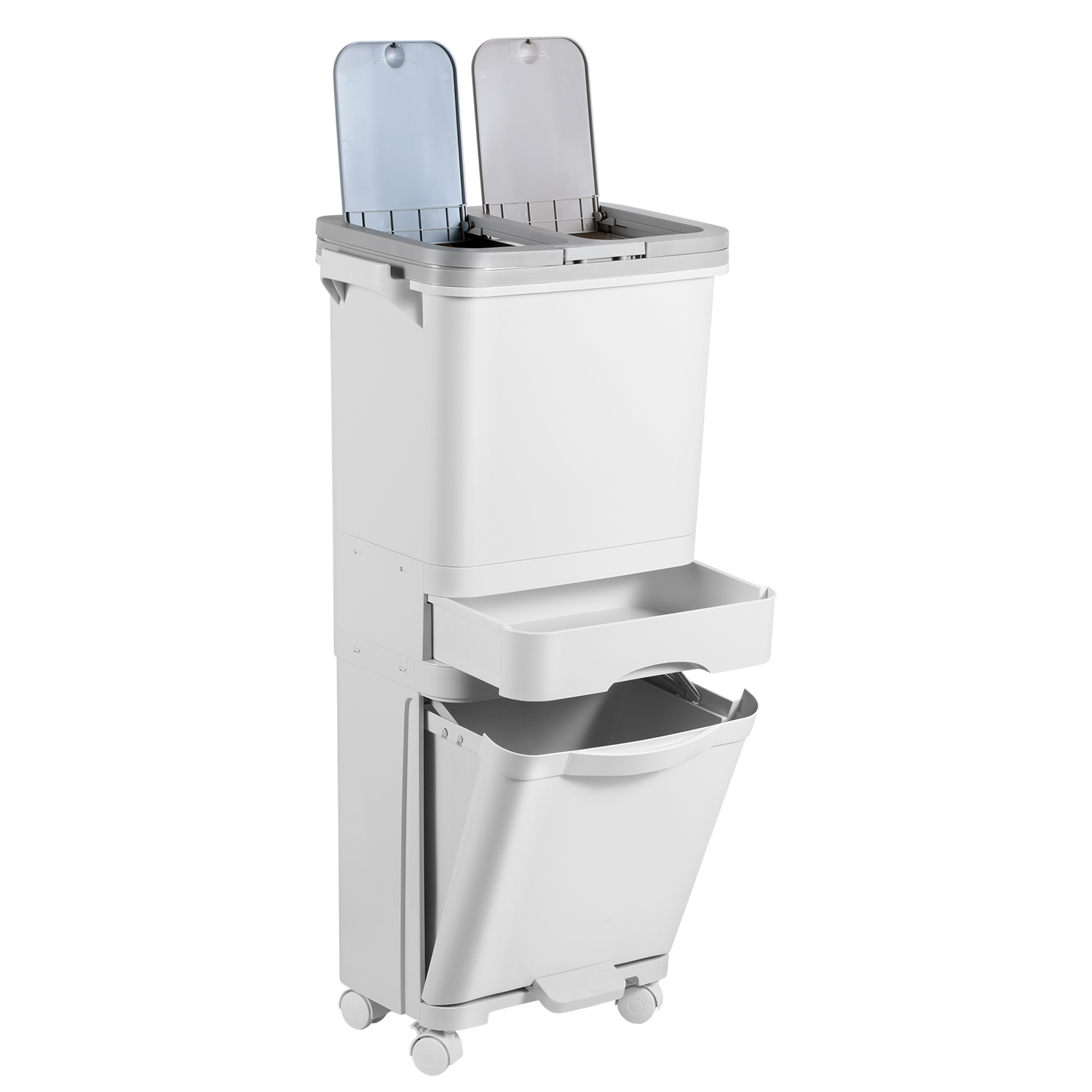 Randaco Platzsparendes Mülltrennsystem 42 L, Vertikaler Küchenabfalleimer Mit 3 Fächern, Drucköffnung, Pedal, Aufbewahrungsfach Und Mobilen Rollen, Weiß