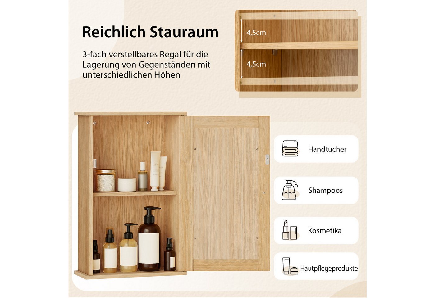 Costway Bad Spiegelschrank Hängeschrank mit Verstellbarer Ablage Natur