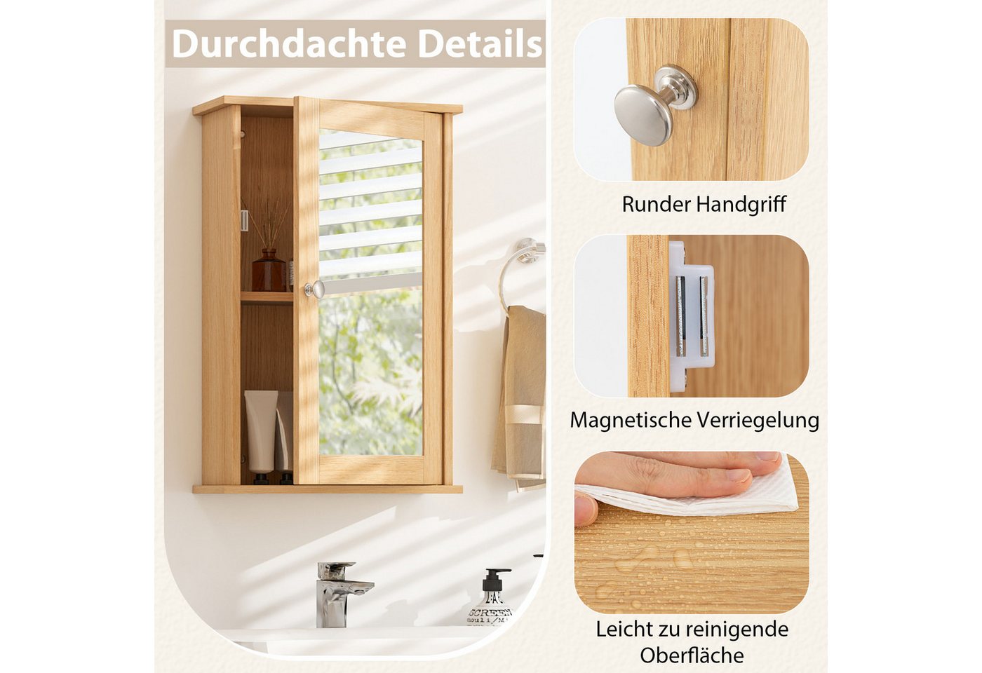 Costway Bad Spiegelschrank Hängeschrank mit Verstellbarer Ablage Natur Bild 2