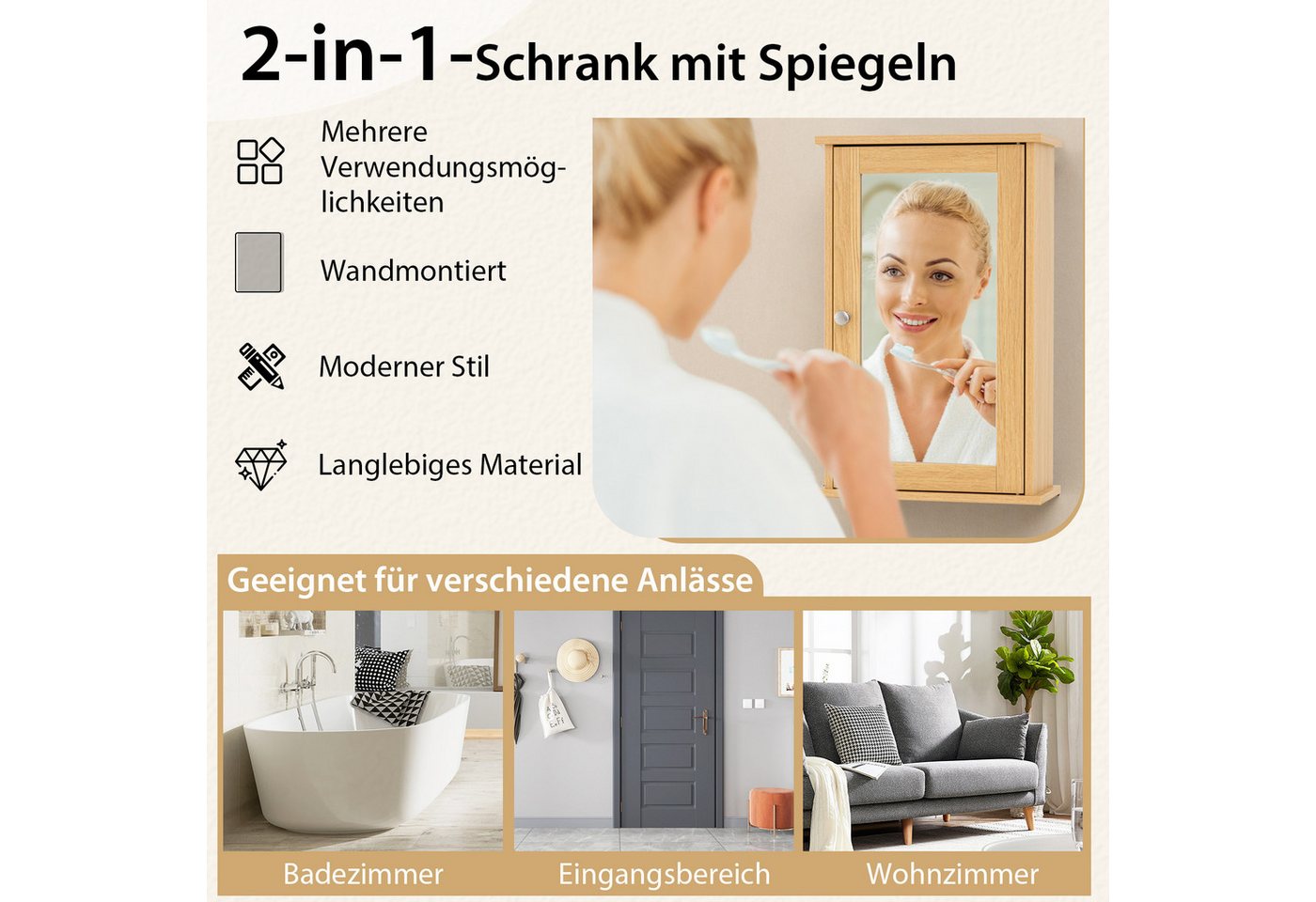 Costway Bad Spiegelschrank Hängeschrank mit Verstellbarer Ablage Natur Bild 3