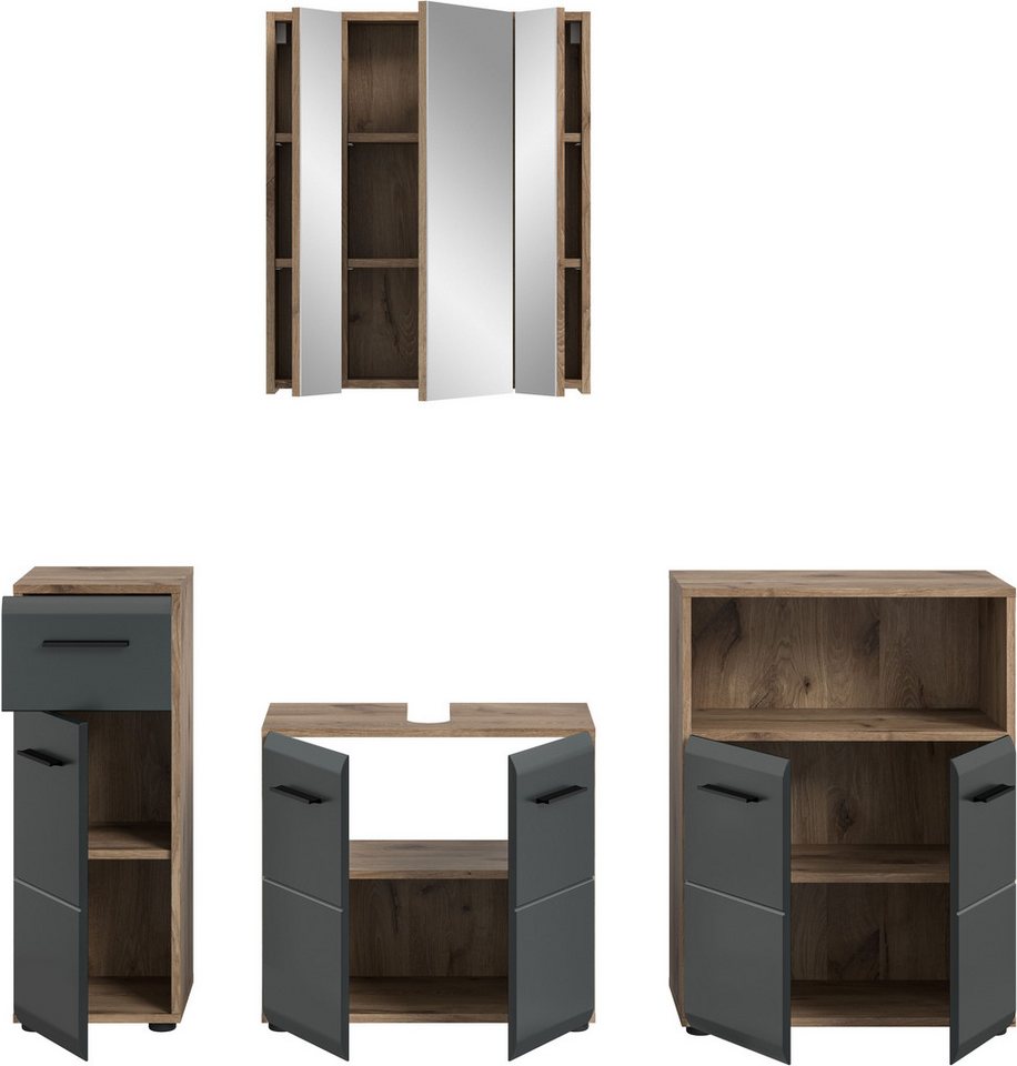 welltime Badmöbel-Set FLORENZ, 4-teilige Badkombination, hochwertige MDF-Front, (Set, 4-St., Unterschrank, Waschbeckenunterschrank, Spiegelschrank, Midischrank), Bad-Kombination, Bad-Möbel, Badezimmer, Kombination, Kombi