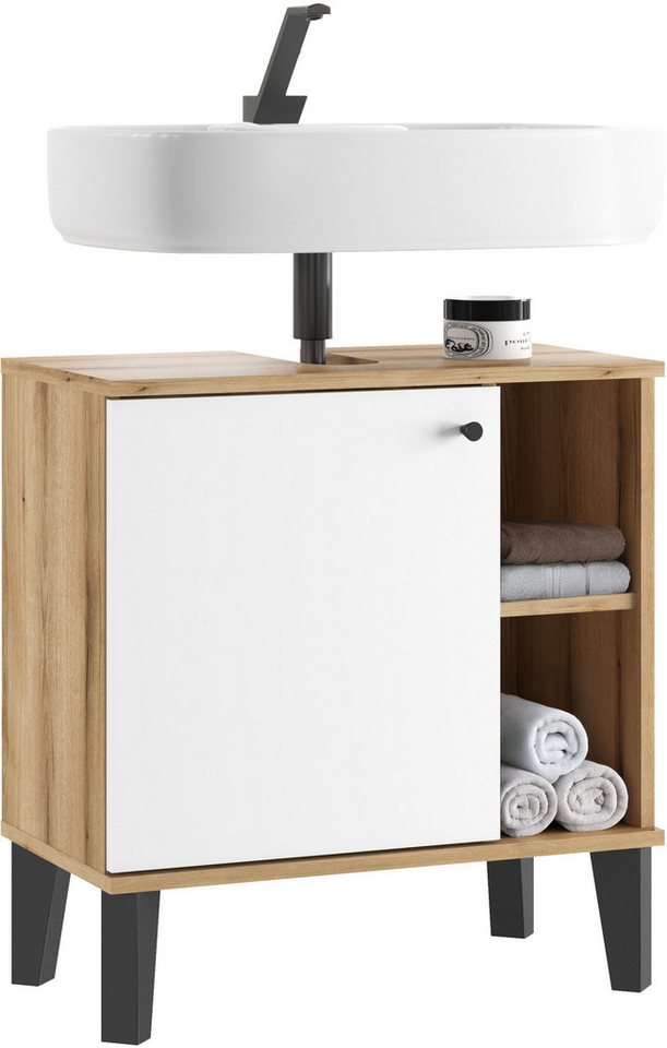 Home affaire Waschbeckenunterschrank Oslo, Waschtisch mit Knopfgriff, Badschrank im skandinavischen Design in der Türfarbe Weiß oder Grau verfügbar, ausreichend Stauraum Bild 3