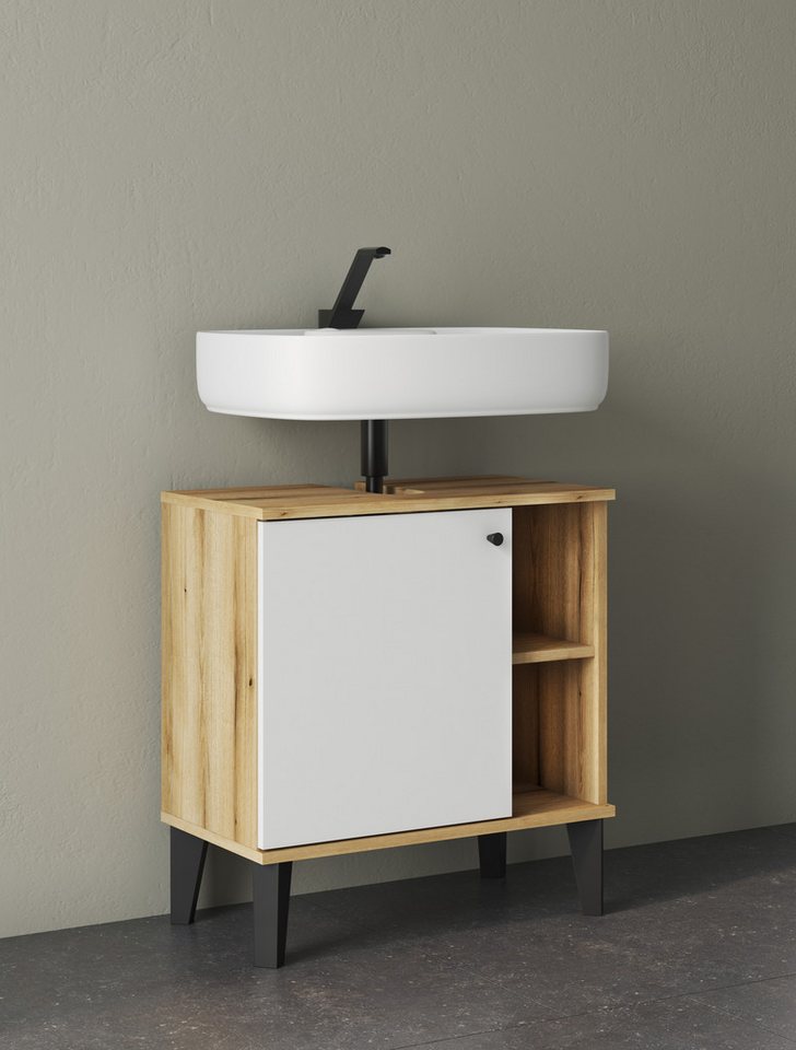 Home affaire Waschbeckenunterschrank Oslo, Waschtisch mit Knopfgriff, Badschrank im skandinavischen Design in der Türfarbe Weiß oder Grau verfügbar, ausreichend Stauraum Bild 4