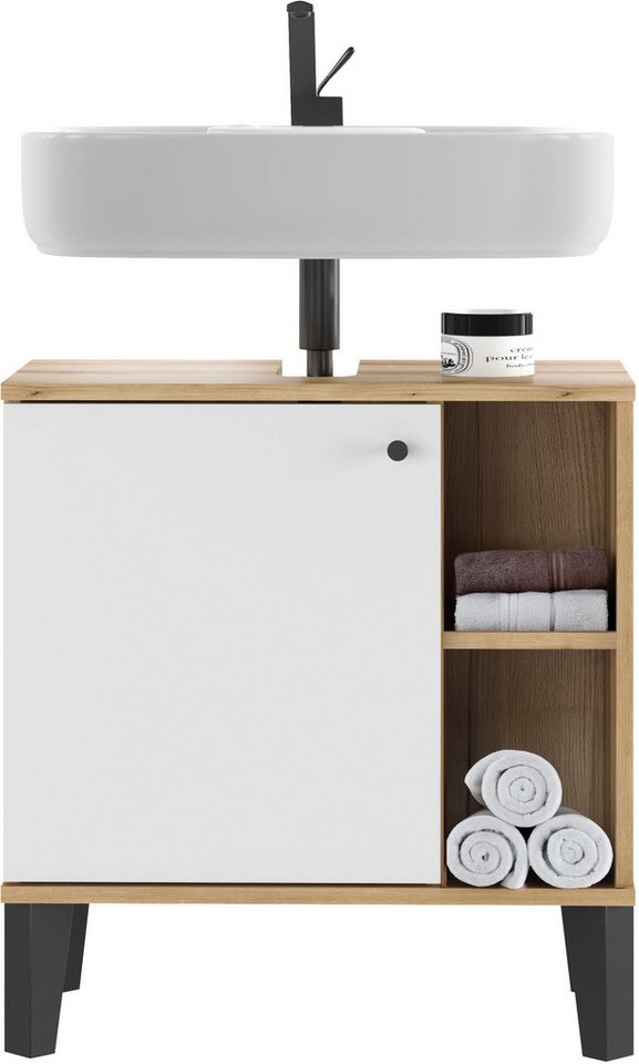Home affaire Waschbeckenunterschrank Oslo, Waschtisch mit Knopfgriff, Badschrank im skandinavischen Design in der Türfarbe Weiß oder Grau verfügbar, ausreichend Stauraum Bild 5