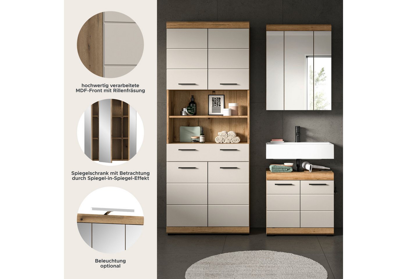 welltime Badmöbel-Set SIENA, TOPSELLER!, Breite 149cm, 3-teiliges Set, (Set, 3-St., bestehend aus: Hochschrank, Waschbeckenunterschrank & Spiegelschrank), Kombination, Badkombination, Bad-Set, Badezimmerschrank, Bad, Schrank