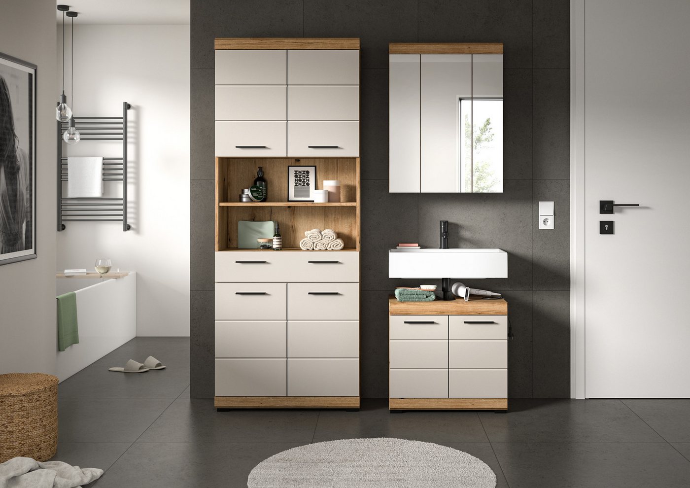 welltime Badmöbel-Set SIENA, TOPSELLER!, Breite 149cm, 3-teiliges Set, (Set, 3-St., bestehend aus: Hochschrank, Waschbeckenunterschrank & Spiegelschrank), Kombination, Badkombination, Bad-Set, Badezimmerschrank, Bad, Schrank Bild 2