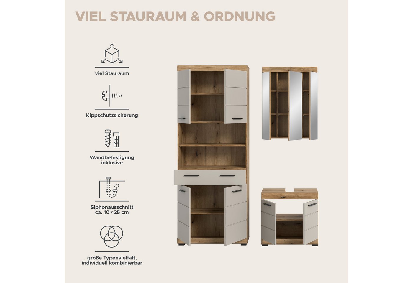 welltime Badmöbel-Set SIENA, TOPSELLER!, Breite 149cm, 3-teiliges Set, (Set, 3-St., bestehend aus: Hochschrank, Waschbeckenunterschrank & Spiegelschrank), Kombination, Badkombination, Bad-Set, Badezimmerschrank, Bad, Schrank Bild 3