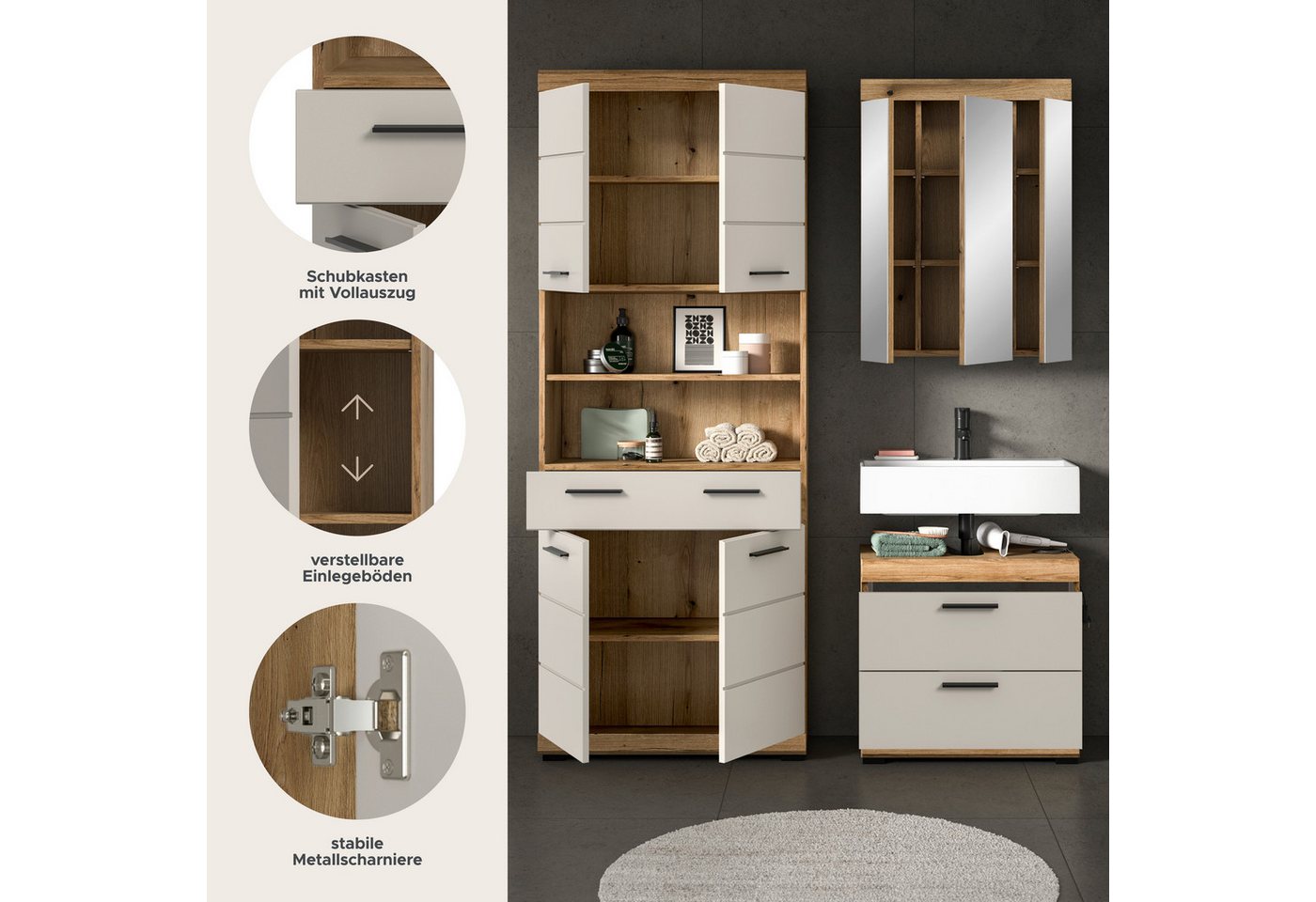 welltime Badmöbel-Set SIENA, TOPSELLER!, Breite 149cm, 3-teiliges Set, (Set, 3-St., bestehend aus: Hochschrank, Waschbeckenunterschrank & Spiegelschrank), Kombination, Badkombination, Bad-Set, Badezimmerschrank, Bad, Schrank Bild 4