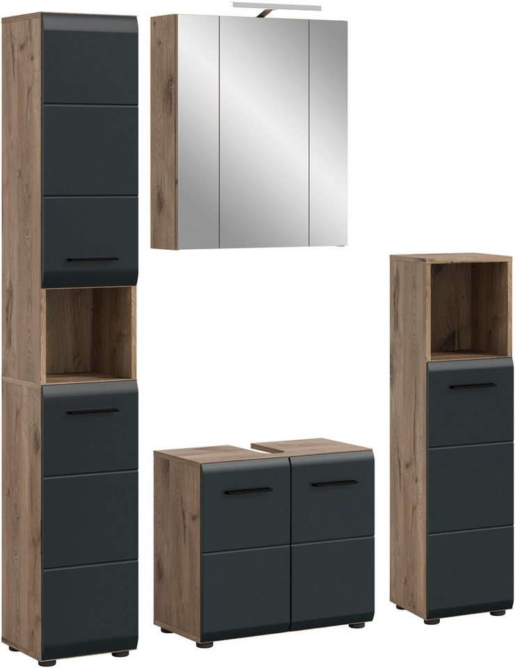 welltime Badezimmer-Set, (Set, 5-St., Hochschrank, Spiegelschrank inkl.Beleuchtung, WBU, Standschrank), Bad-Kombination, Bad-Möbel, Badezimmer, Kombination, Kombi