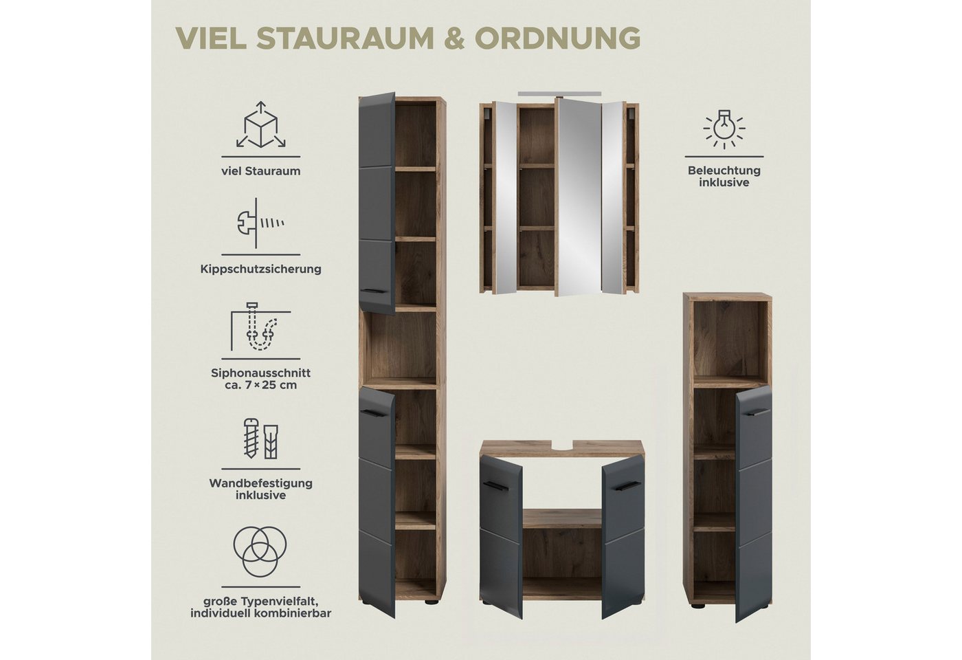welltime Badezimmer-Set, (Set, 5-St., Hochschrank, Spiegelschrank inkl.Beleuchtung, WBU, Standschrank), Bad-Kombination, Bad-Möbel, Badezimmer, Kombination, Kombi Bild 3