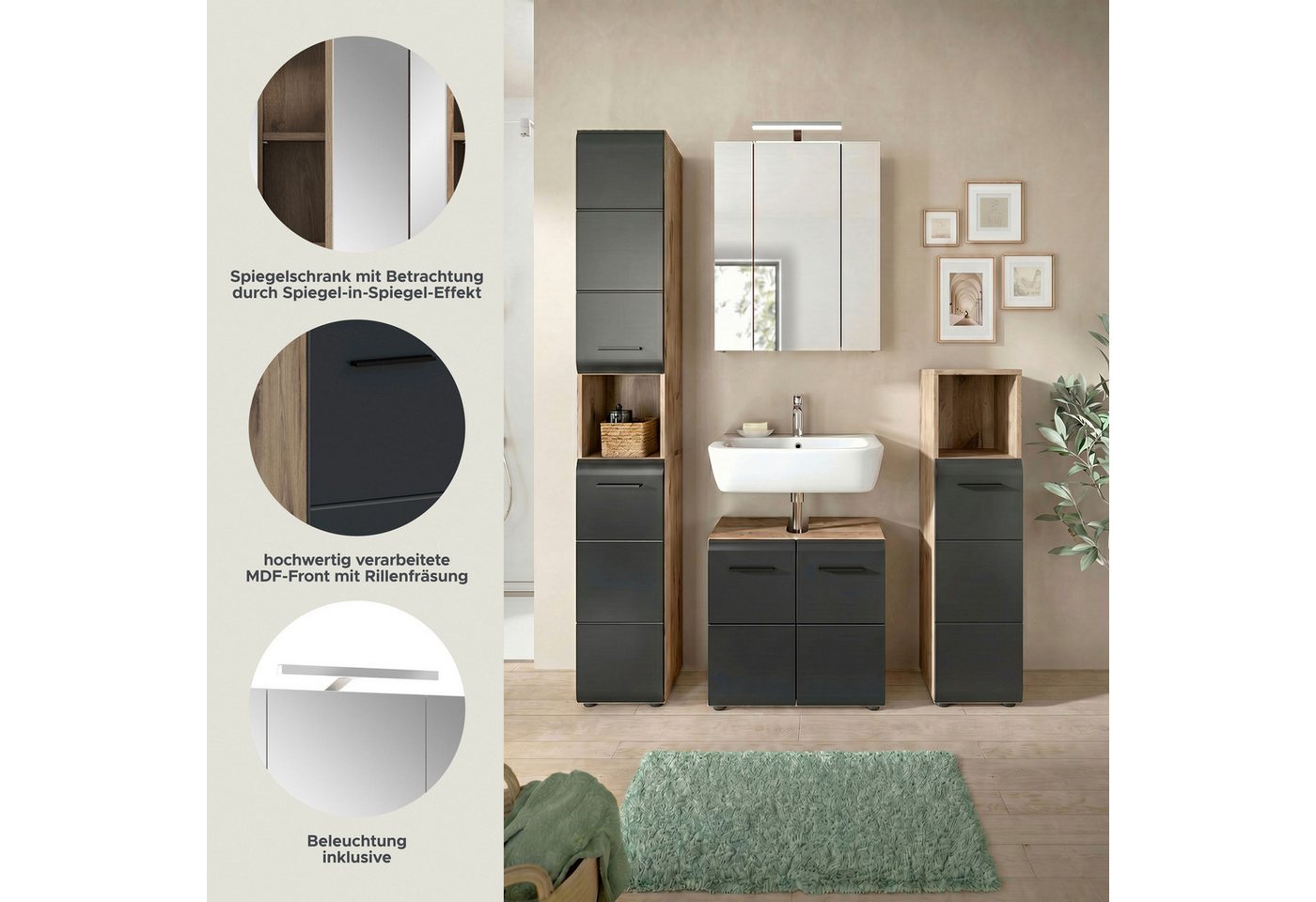 welltime Badezimmer-Set, (Set, 5-St., Hochschrank, Spiegelschrank inkl.Beleuchtung, WBU, Standschrank), Bad-Kombination, Bad-Möbel, Badezimmer, Kombination, Kombi Bild 4