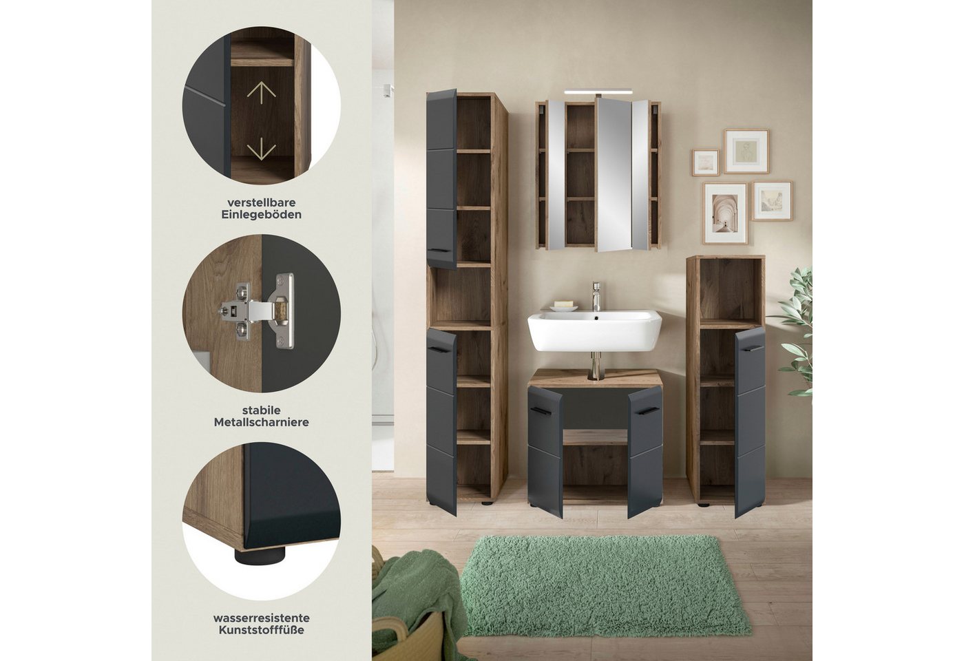 welltime Badezimmer-Set, (Set, 5-St., Hochschrank, Spiegelschrank inkl.Beleuchtung, WBU, Standschrank), Bad-Kombination, Bad-Möbel, Badezimmer, Kombination, Kombi Bild 5
