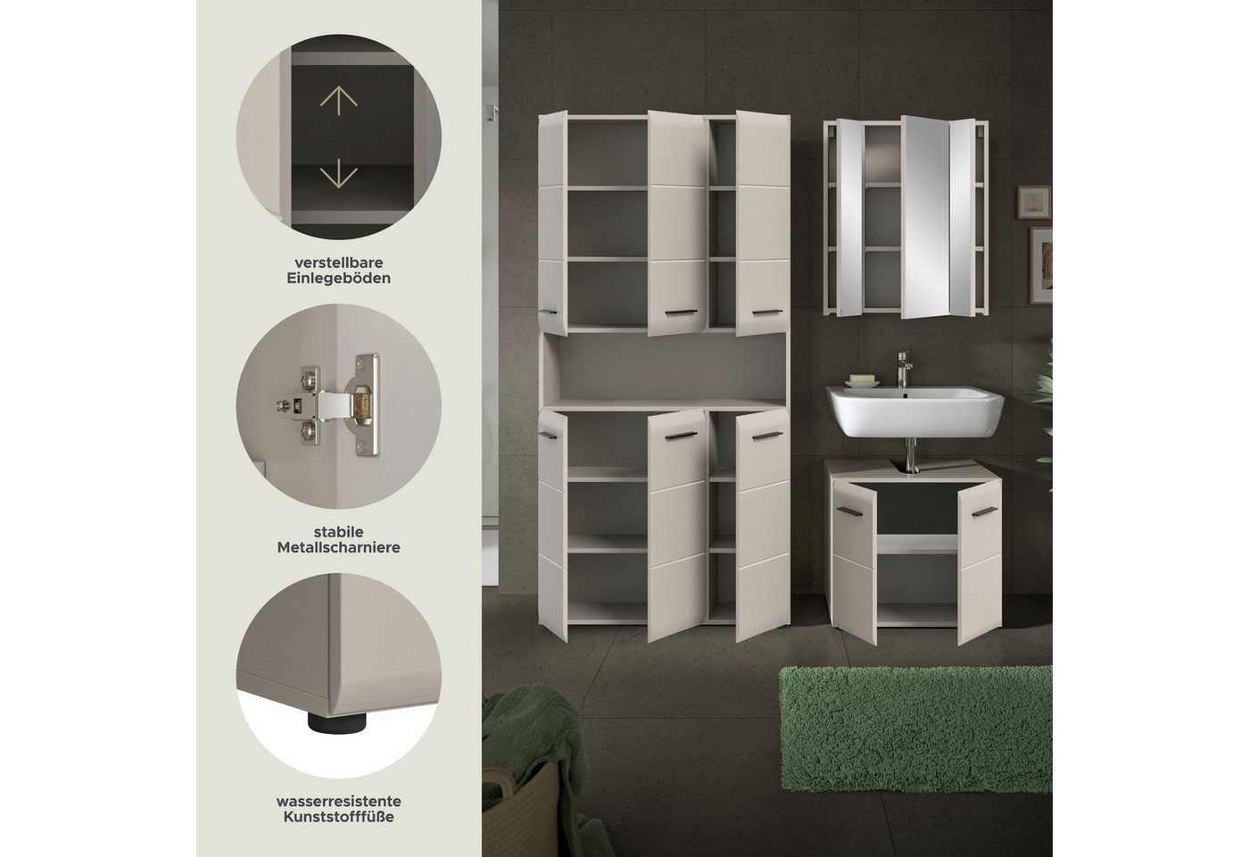 welltime Badezimmer-Set, (Set, 4-St., Stauraumschrank, WBU, Spiegelschrank), Bad-Kombination, Bad-Möbel, Badezimmer, Kombination, Kombi