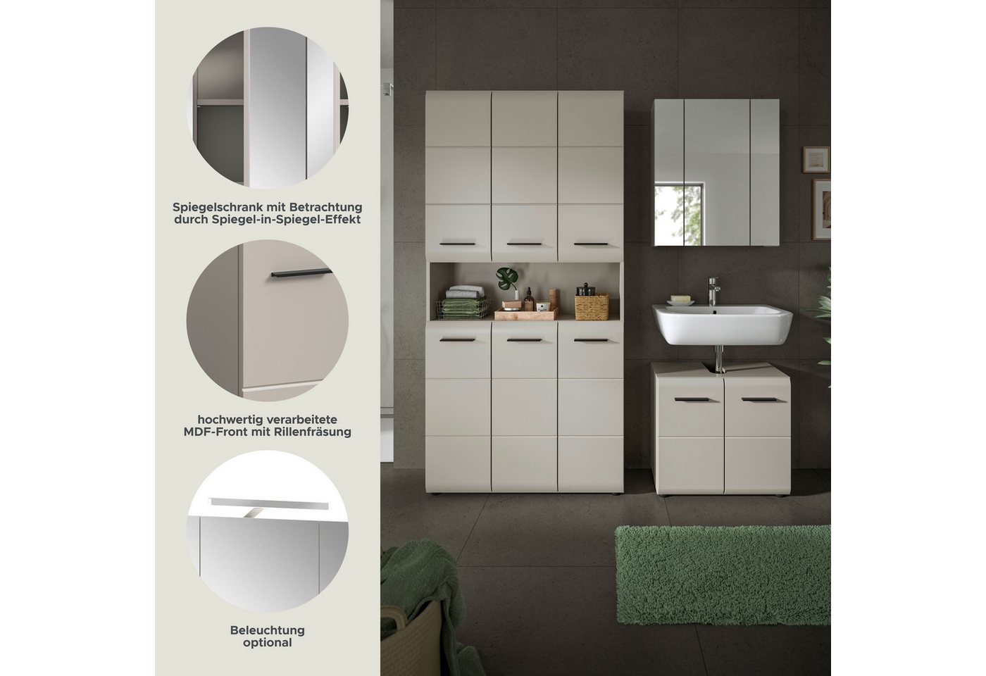 welltime Badezimmer-Set, (Set, 4-St., Stauraumschrank, WBU, Spiegelschrank), Bad-Kombination, Bad-Möbel, Badezimmer, Kombination, Kombi Bild 2