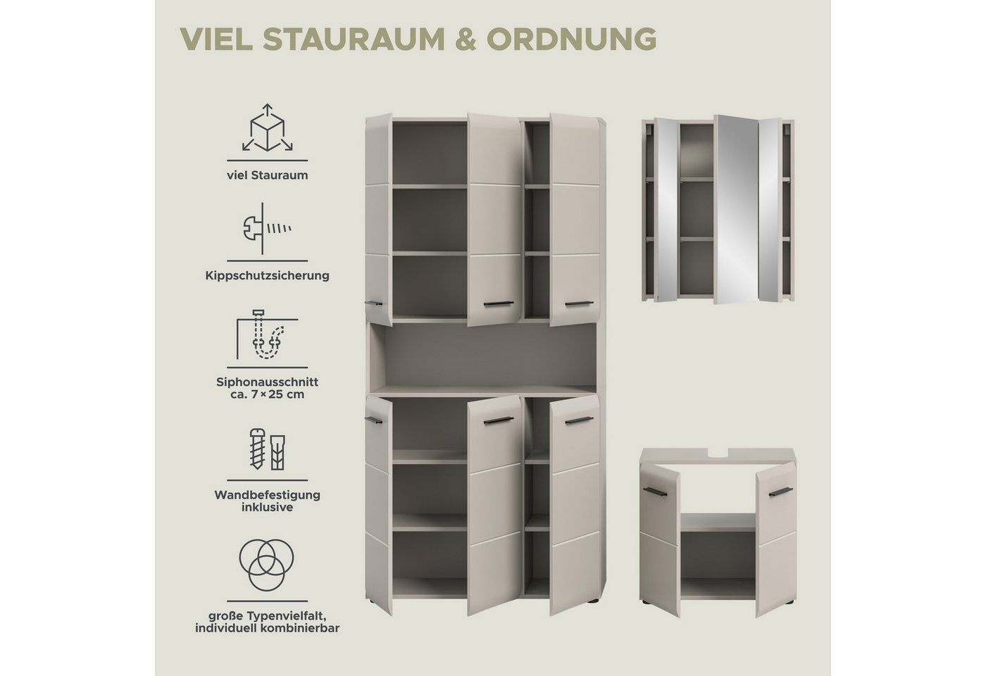 welltime Badezimmer-Set, (Set, 4-St., Stauraumschrank, WBU, Spiegelschrank), Bad-Kombination, Bad-Möbel, Badezimmer, Kombination, Kombi Bild 3