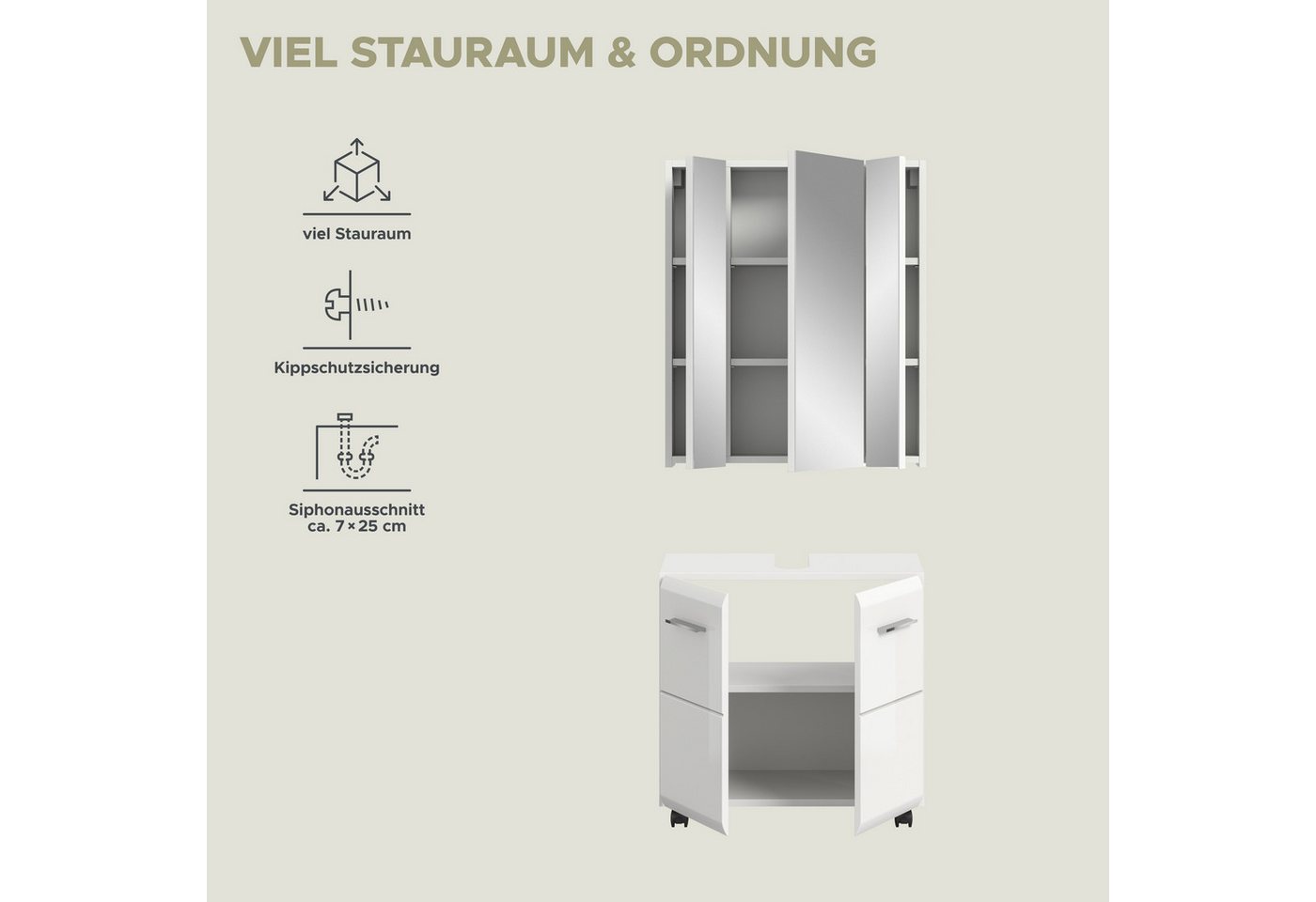 welltime Badmöbel-Set FLORENZ, 2-tlg. Bad-Kombination, hochwertige MDF-Front, (3-St., best. aus: 1 Spiegelschrank, 1 Waschbeckenunterschrank), Bad-Kombination, Bad-Möbel, Badezimmer, Kombination, Kombi