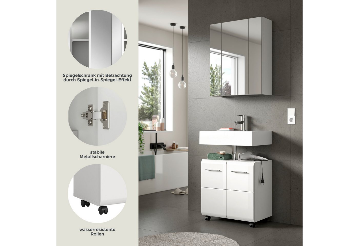 welltime Badmöbel-Set FLORENZ, 2-tlg. Bad-Kombination, hochwertige MDF-Front, (3-St., best. aus: 1 Spiegelschrank, 1 Waschbeckenunterschrank), Bad-Kombination, Bad-Möbel, Badezimmer, Kombination, Kombi Bild 2